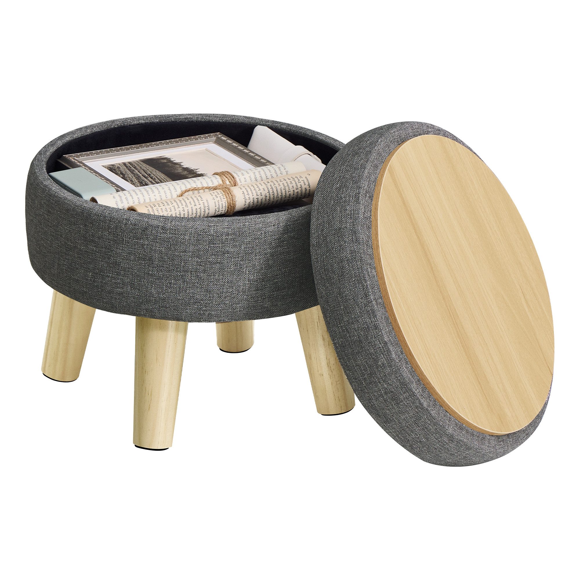 SONGMICS Sitzhocker mit Stauraum, Sitzhocker mit Holzbeinen, Runder Polsterhocker, Stoff in Leinenoptik, 31 x 31 x 29 cm