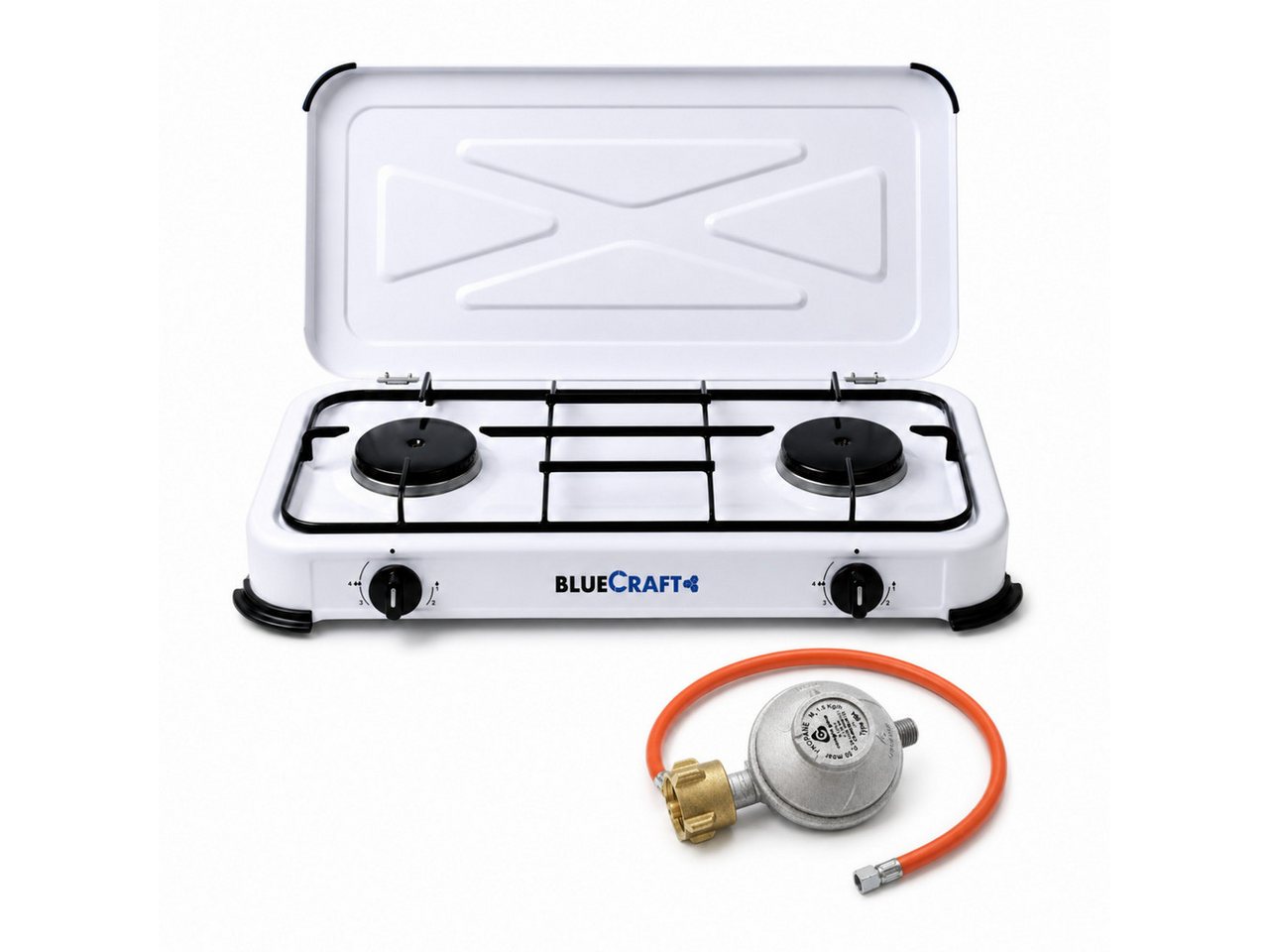 BlueCraft Gaskocher 2 flammig 50mbar Propan Gas Campingkocher 4,4 kW Gas-Kochfeld Gasherd, (mit Schlauch 100 cm und Gas Regler Druckminderer), Camping Gas Kocher 2 flammen für Gasflasche