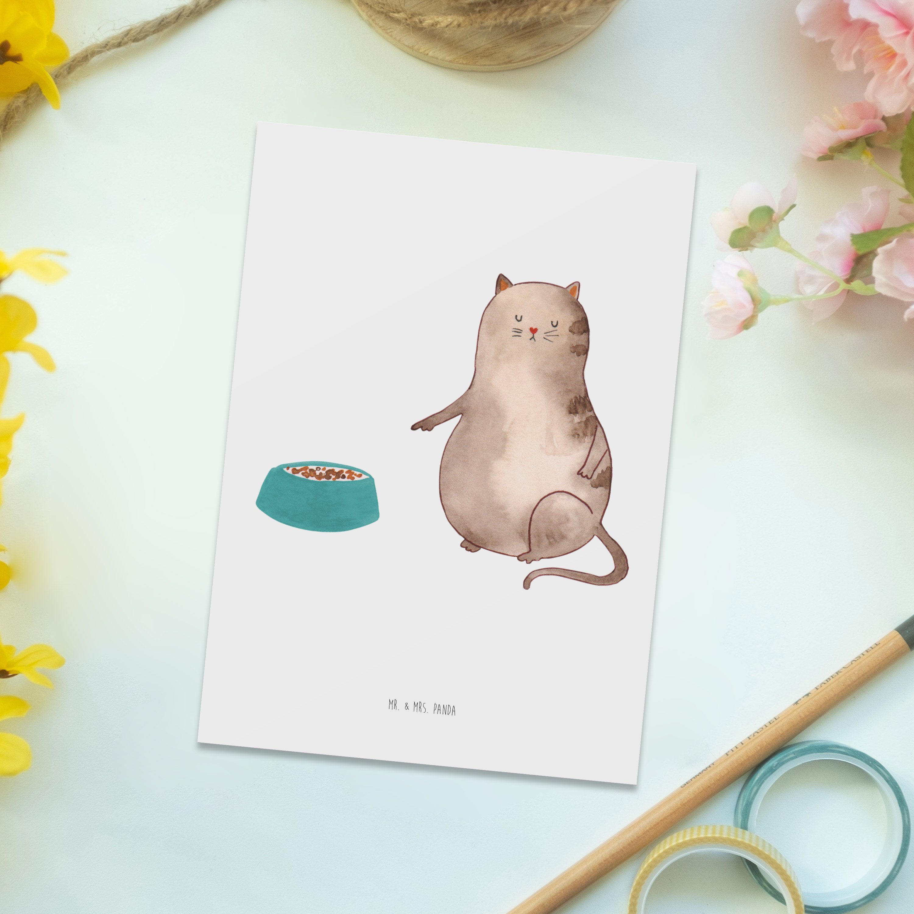 Weiß Mr. Panda Postkarte Einladungskarte, - & Katzenliebhaberprod Mrs. Katze - Geschenk, fressen