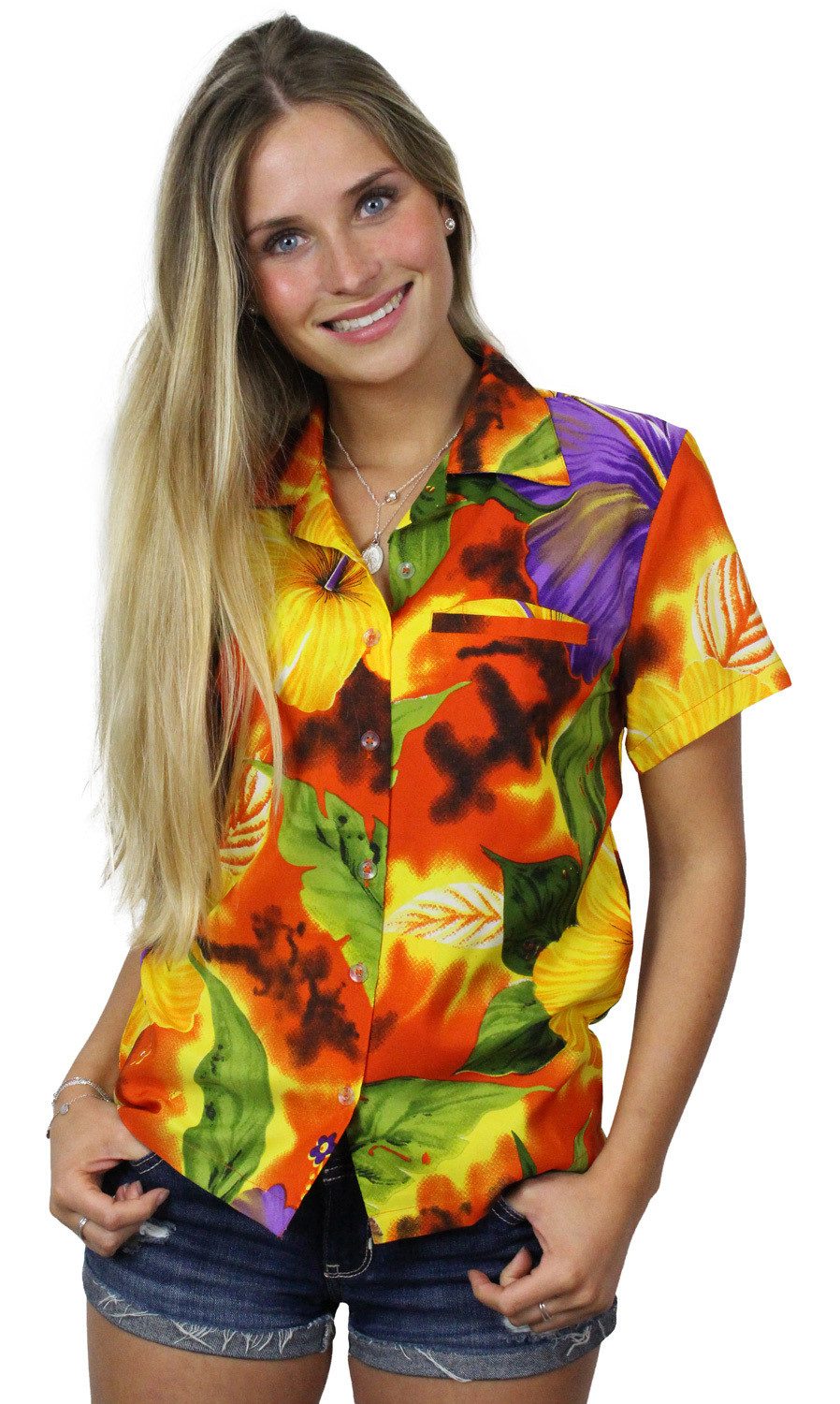 King Kameha Hawaiihemd Big Flower Funky Hawaiibluse Damen Kurzarm Front-Tasche Stylish