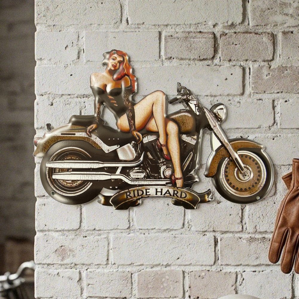 Antikas Wanddekoobjekt Wertiges Metallschild Motorrad Ride Hard im Vintage-Stil, geprägt