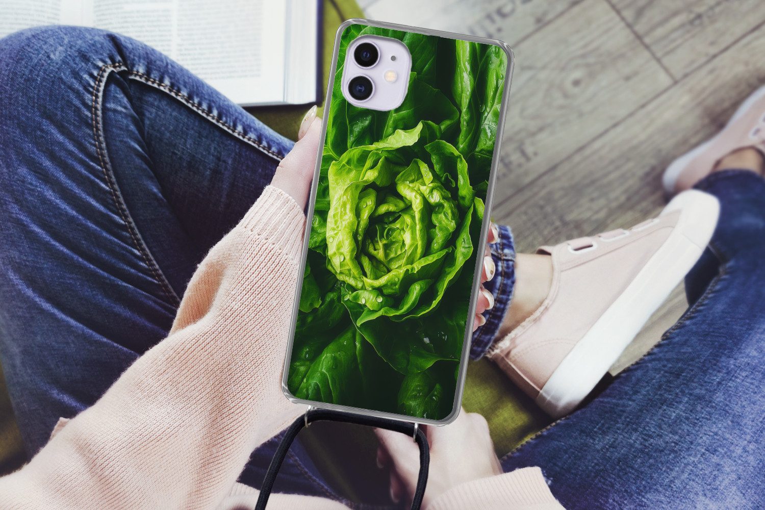 MuchoWow Handyhülle für Apple iPhone 12 Gemüse - Kopfsalat - Grün, Tragbare Handyhüllen mit Kette zum umhängen, Handykette Handyband