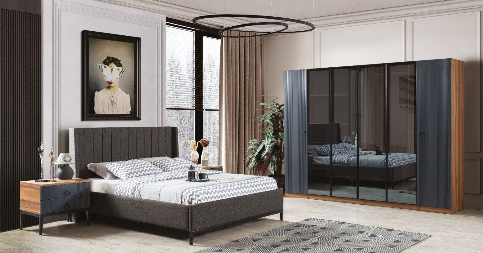 JVmoebel Schlafzimmer-Set Loft Schlafzimmermöbel Set aus Holz und Edelstahl in Grau/Braun, (4-tlg., 1x Bett + 2x Nachttische + 1x Kleiderschrank), Made in Europa