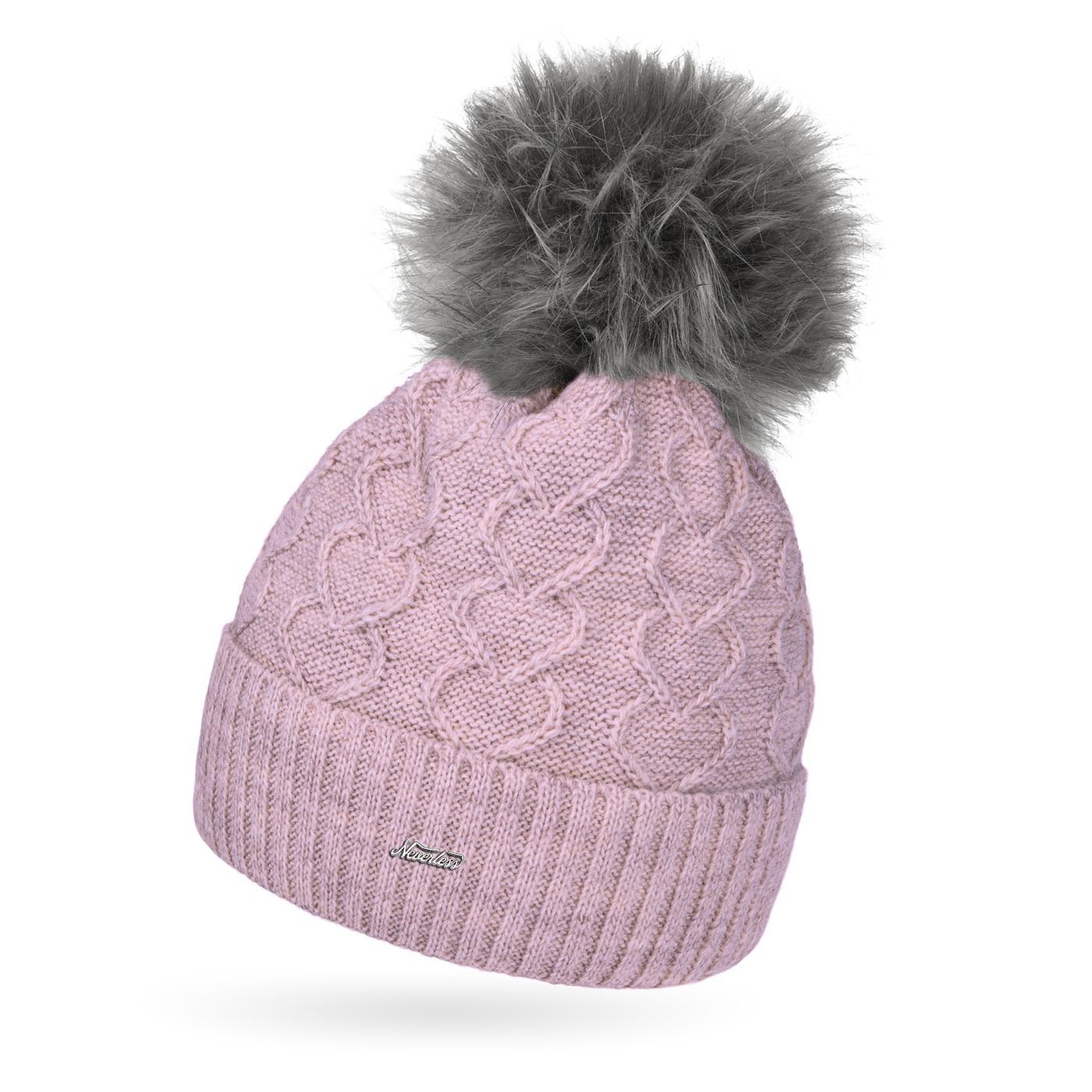 Bommelmütze Damen Strick-Mütze Fell-Bommel Kunstfell Bommelmütze Fleece-Futter Her