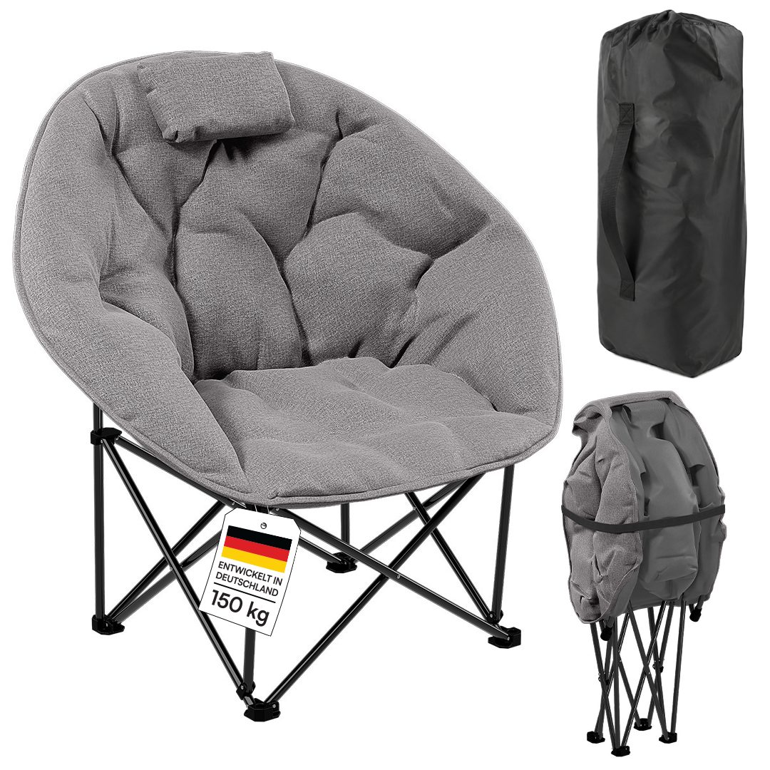 STEELSØN Campingstuhl Hoggar, Campingbank & Moonchair, Klappstuhl mit Seitentasche (grau, 55 cm breit), XXL Moonchair faltbar, Campingstuhl mit Kopfkissen, bis 150 kg