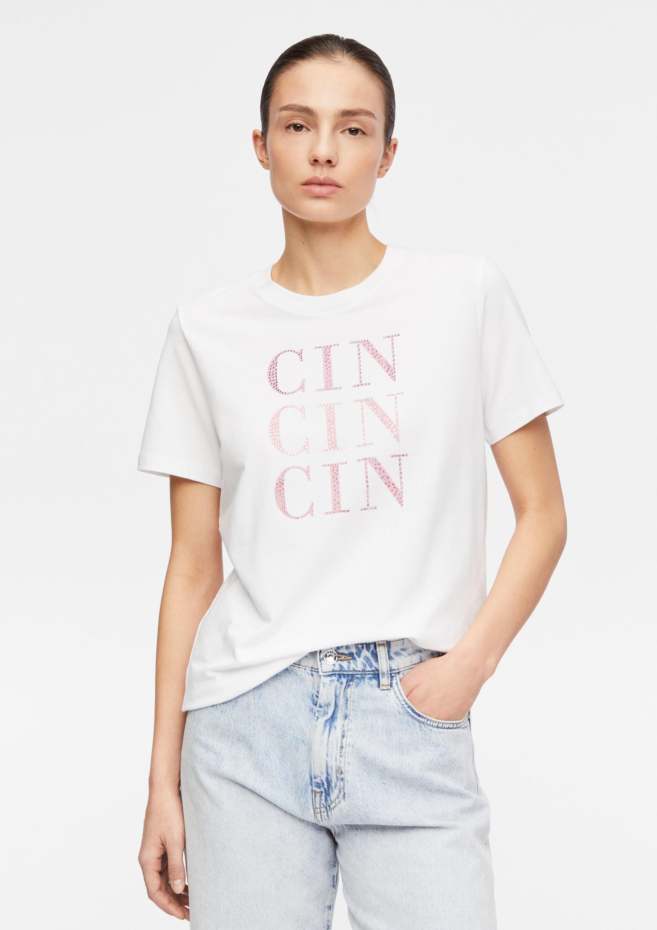 comma Kurzarmshirt T-Shirt T-Shirt mit Artwork und Glitzersteinen