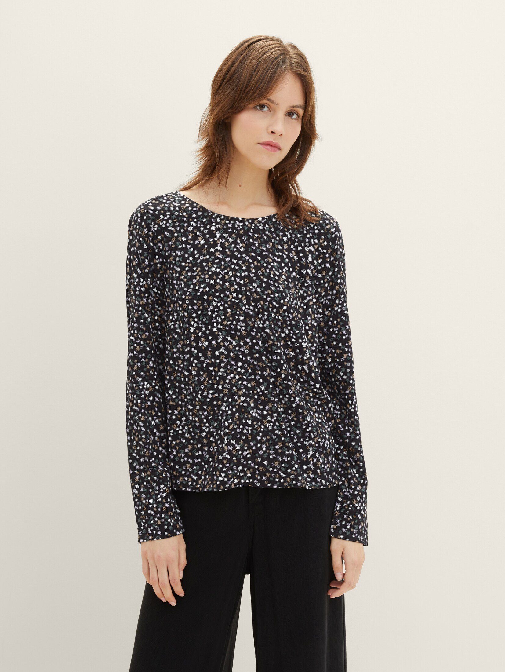 TOM TAILOR multicolor Birla Kurzarmbluse Cellulose™ By flower Bluse Denim mit Livaeco print