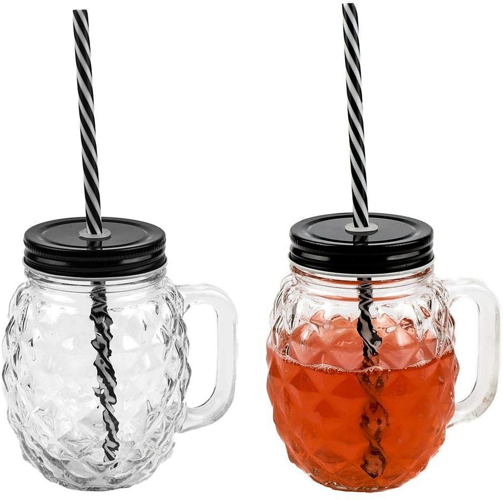 Sinoba Gläser-Set 3D Ananas Glas Trinkglas Set Trinkgläser mit Deckel und stabilem Strohhalm für Garten Party Sommer Grill Deko 450ml