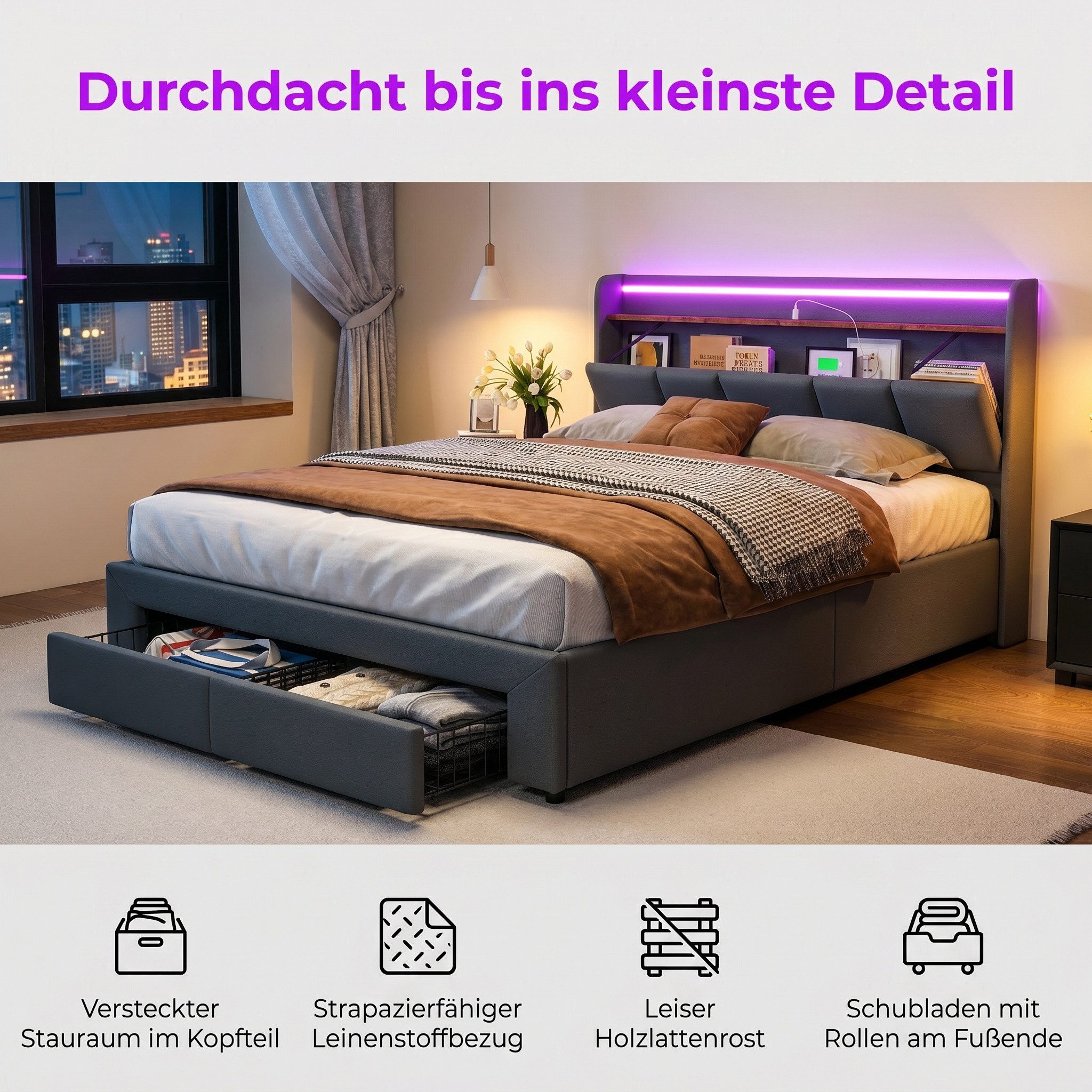 Furnishings Home Polsterbett 180 x 200 Doppelbett LED Hydraulisch anhebbarer Stauraumbett (Mit Lattenrost, Leinen material Polsterbett), Modernes Jugendbett, Leises Design Bett, Max. Belastbarkeit 350 kg