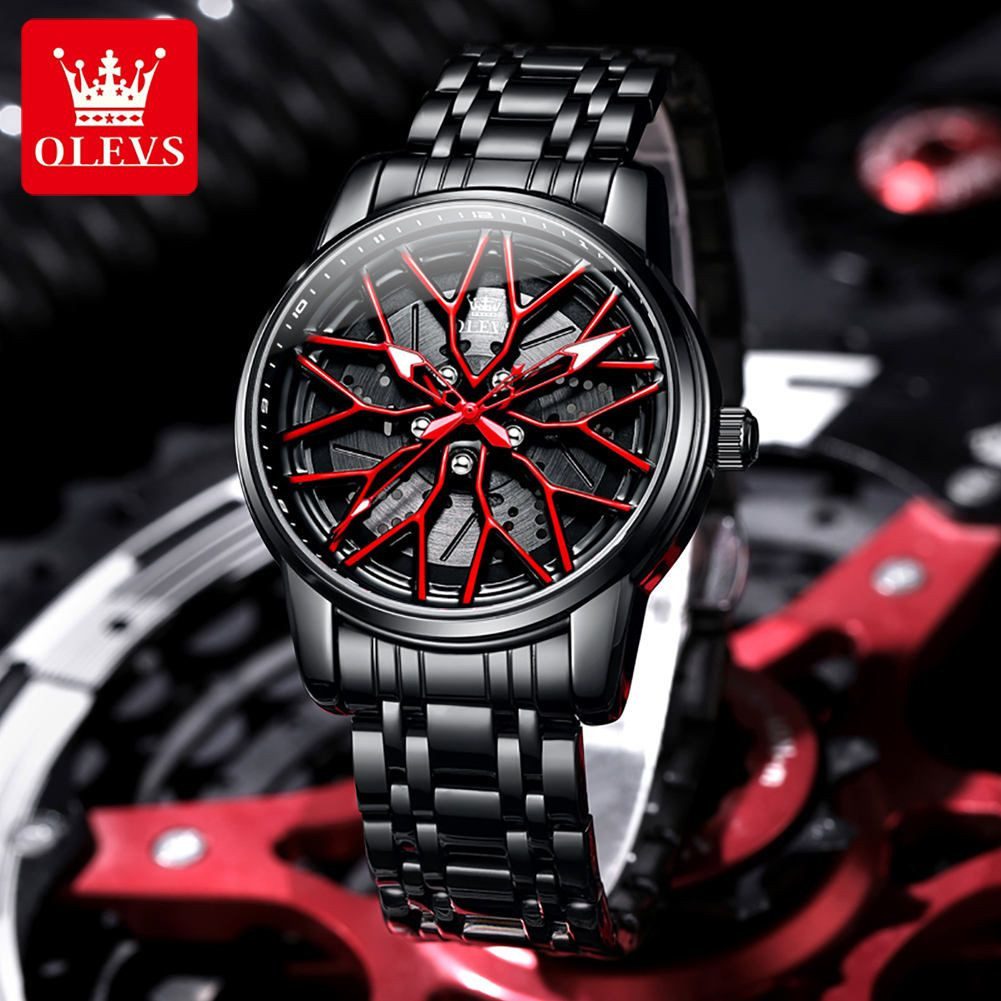 OLEVS Quarzuhr Felgenuhr Olevs Motorsport Herren Armbanduhr im 3D Felgendesign Rot