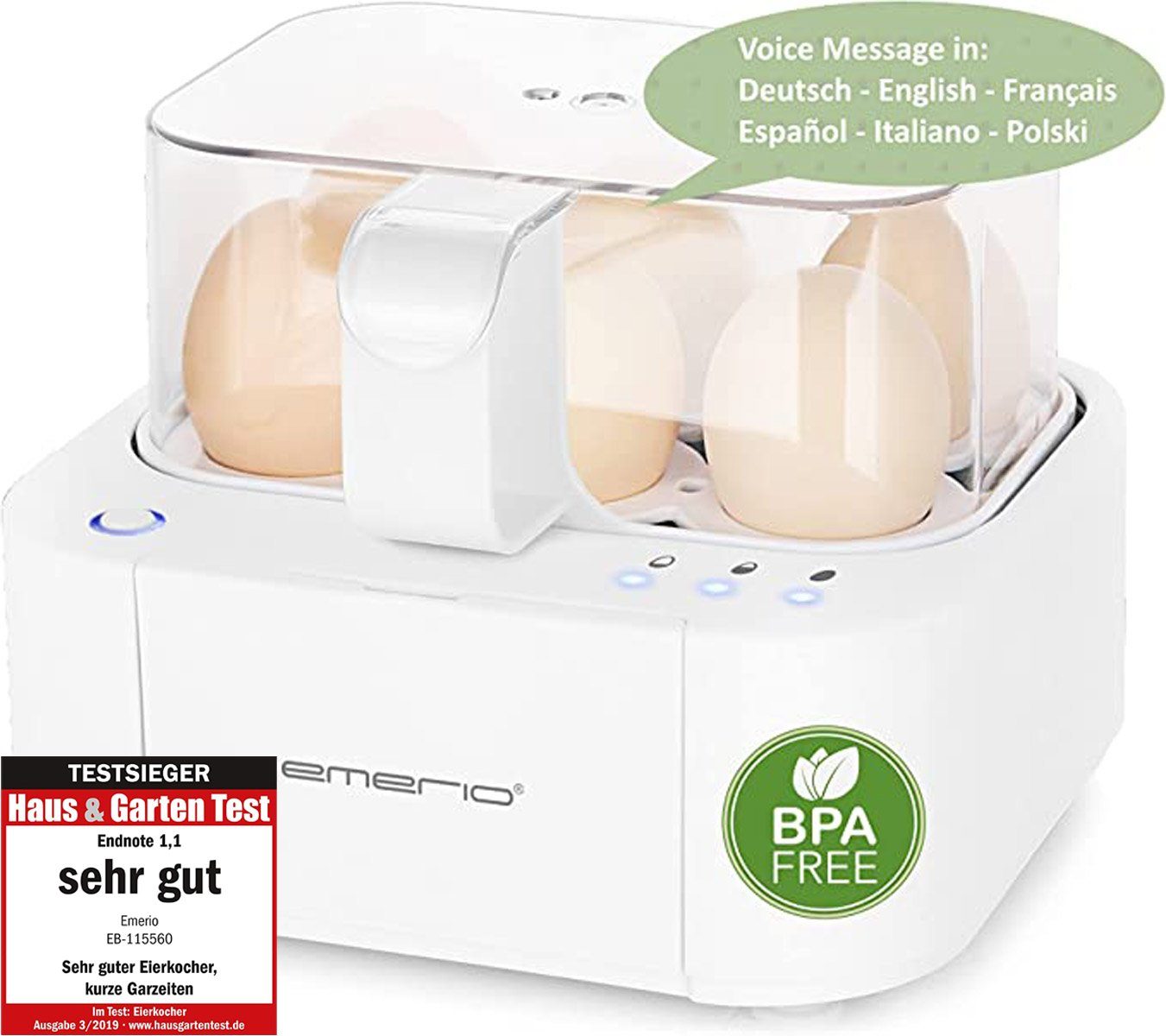 Emerio Eierkocher EB-115560.14 mit Sprachausgabe in 6 Sprachen (DE EN FR ES IT PL), Anzahl Eier: 6 St., 400 W
