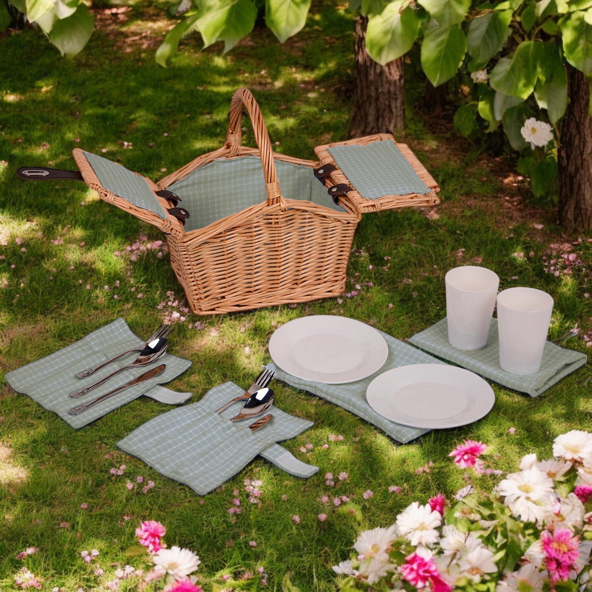 UNUS GARDEN Picknickkorb Kinder, für 2 Personen (ca. 27 x 20 x 30 cm, grün), Rechteckig inklusive Besteck und Geschirr