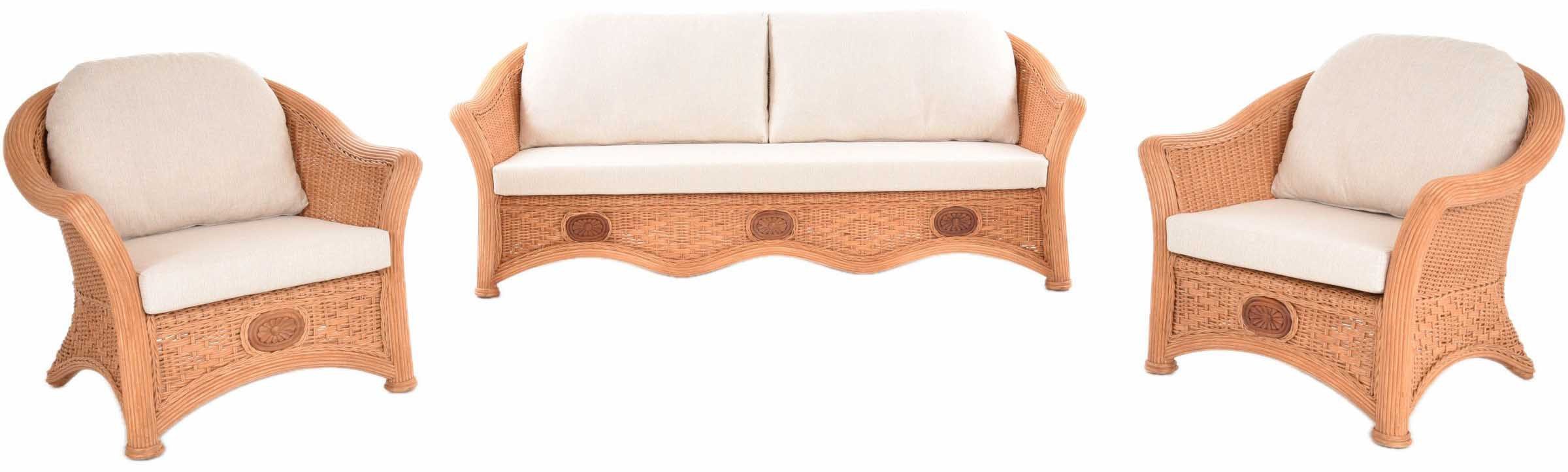 Krines Home Sitzgruppe Edle Rattangarnitur Lorde Wintergarten Garnitur Rattanset Rattanmöbel, (3-tlg., 2x Sessel, 1x Dreisitzersofa), Wohnzimmerset Wohnzimmer für 5 Personen