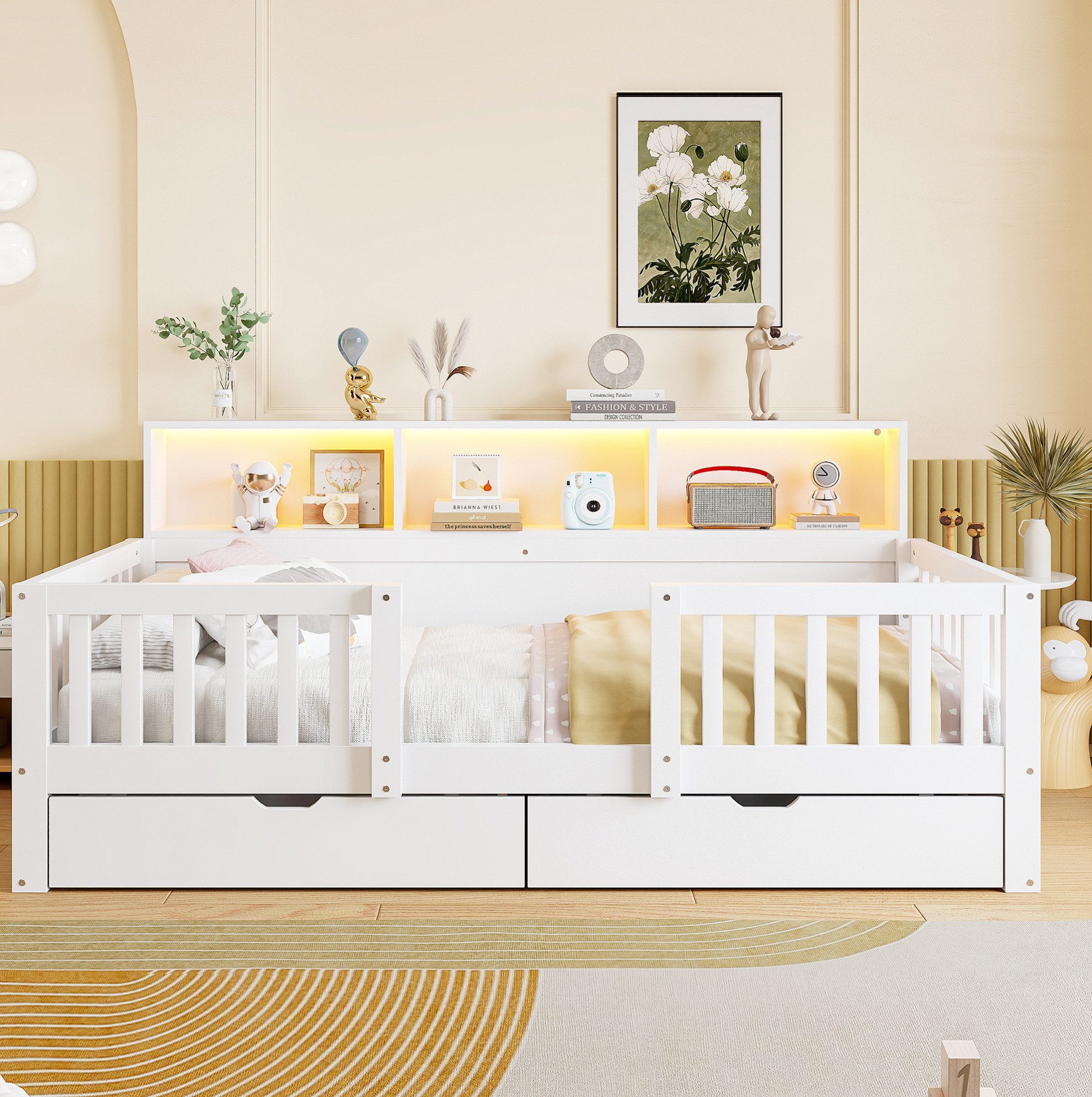 REDOM Kinderbett Einzelbett mit erhöhtem Schutzgitter, LED-Licht, Holzbett 90x200 cm (mit Stauraumschubladen und Ablageflächen), Stauraumbett, ohne Matratze