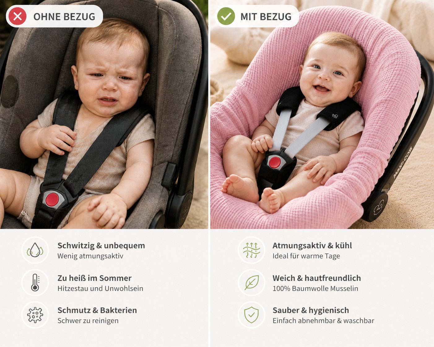 BABEES Kindersitzbezug BEZUG Babyschale Sommer Sommerbezug 100% Musselin Baumwolle, Universal Schonbezug Babyschalenbezug 3-Punkt Gurt