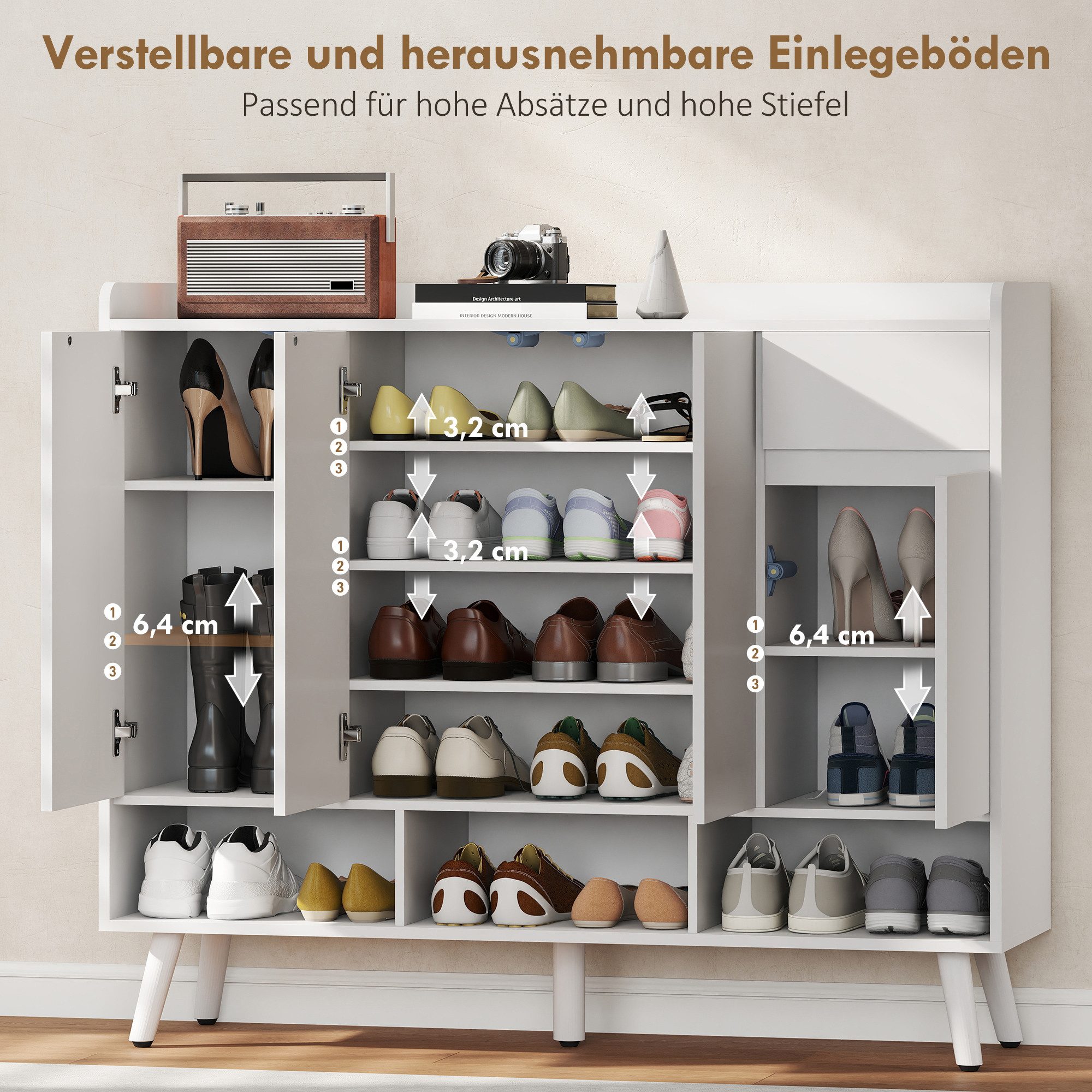 HOMCOM Schuhschrank Schuhregal mit 4 Türen, Druck zum Öffnen-Design, Schublade (Schuhkommode, 1-St., Schuhaufbewahrung) verstellbare Regale, Weiß – Bild 5 von 5