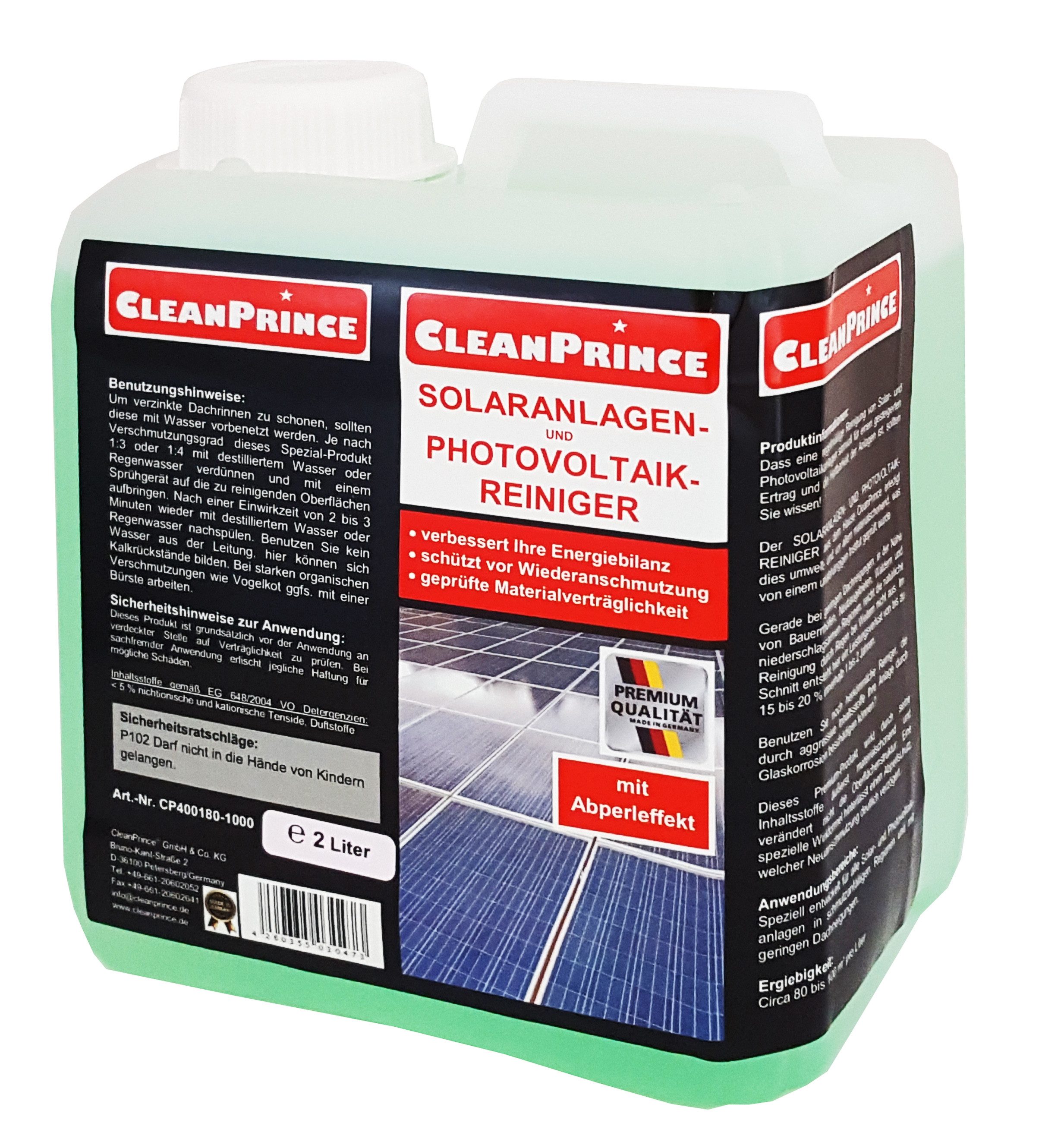 CleanPrince Solaranlagen - Reiniger Photovoltaikanlagen Reinigungsmittel Spezialwaschmittel (materialschonende Reinigung)