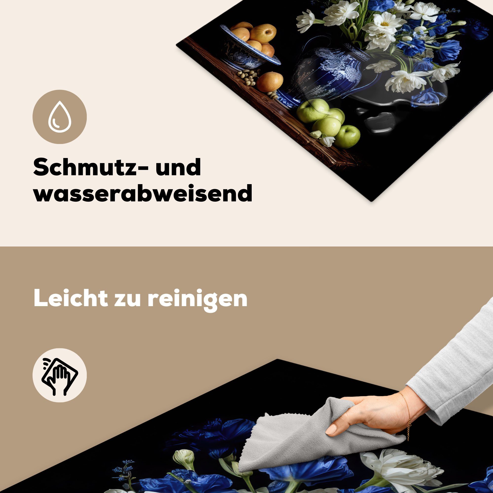 Delfter nutzbar, 60x52 Blumen Blau Vinyl, Herdblende-/Abdeckplatte tlg), - Früchte (1 Niederländisch, MuchoWow Stilleben Mobile - cm, Arbeitsfläche Ceranfeldabdeckung - -