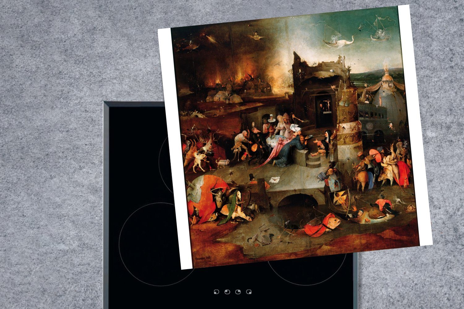 Antonius Bosch, für - Vinyl, Arbeitsplatte tlg), 78x78 Hieronymus von Gemälde MuchoWow (1 Herdblende-/Abdeckplatte Ceranfeldabdeckung, küche Versuchung des cm, Heiligen