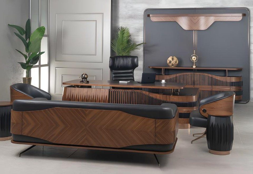 Xlmoebel Büromöbel-Set Modernes Büroeinrichtungsset mit Schreibtisch und eleganter Konsole, (Eckschreibtisch+Stuhl+Couchtisch+Konsole+Sessel), Hergestellt in Europa