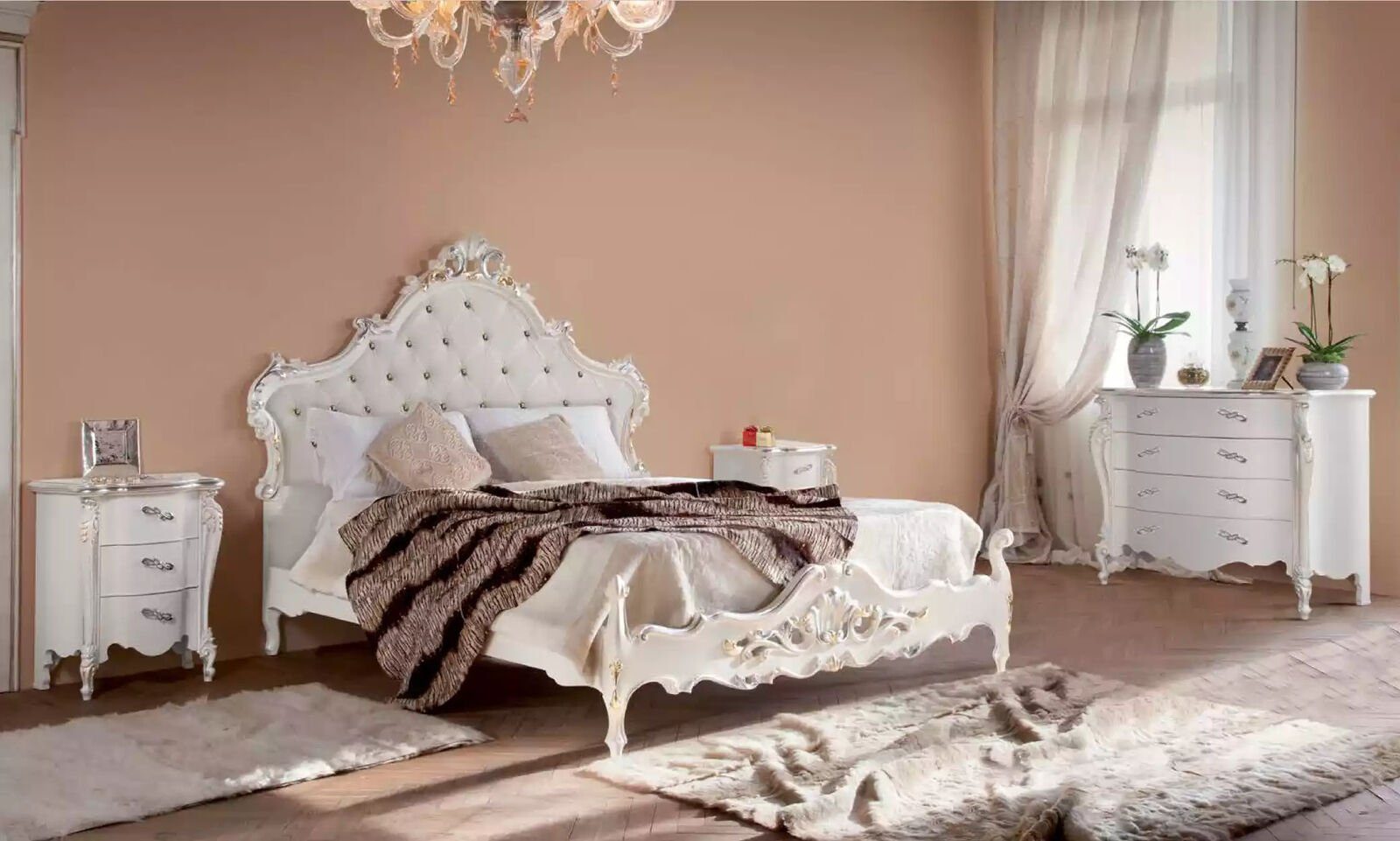 JVmoebel Schlafzimmer-Set Weiße Schlafzimmer Garnitur Bett 2x Nachttische Kommoden, (4-St., Bett + 2x Nachttische + Kommode), Holzschnitzerei