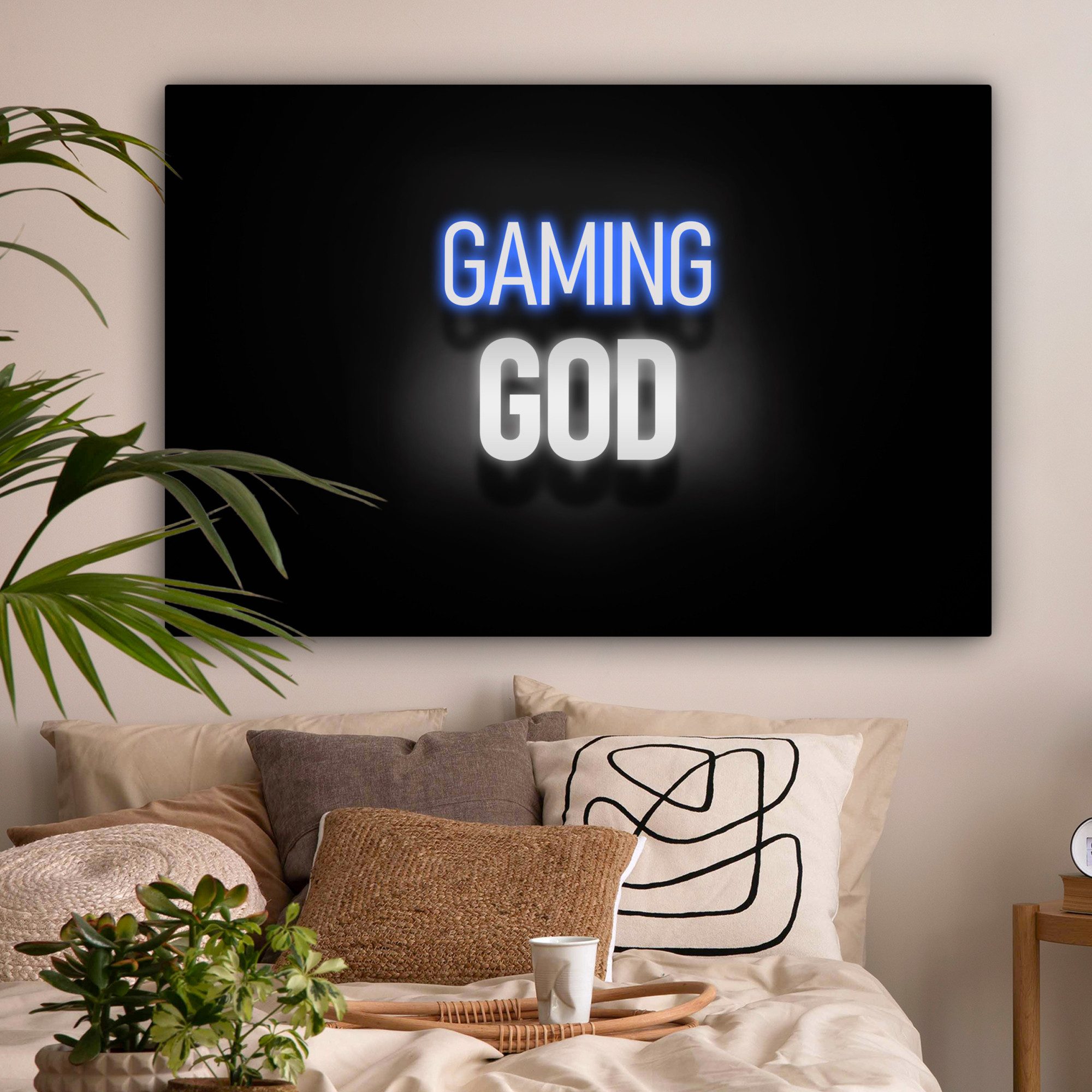 OneMillionCanvasses® Leinwandbild Gaming - Sprichwörter - Gaming-Gott - Schwarz - Neon, Fotodruck (1 St), Gaming Bilder, Wandbild Gamingzimmer, Deko Wandbilder Gamer 140x90 cm