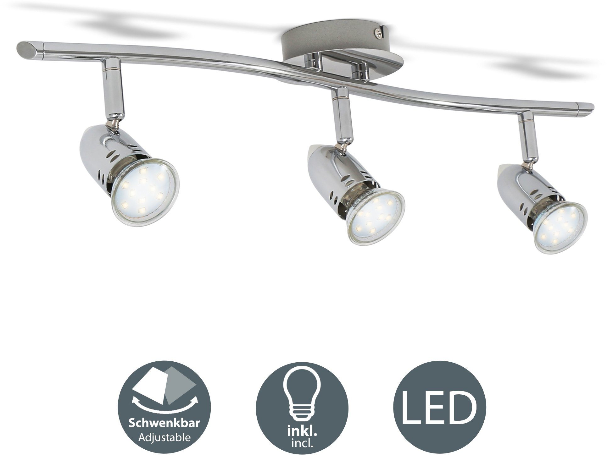 B.K.Licht LED Deckenleuchte, Leuchtmittel wechselbar, Warmweiß, LED Design  Deckenlampe Spot-Strahler GU10 modern chrom inkl. 3W 250lm | Deckenstrahler