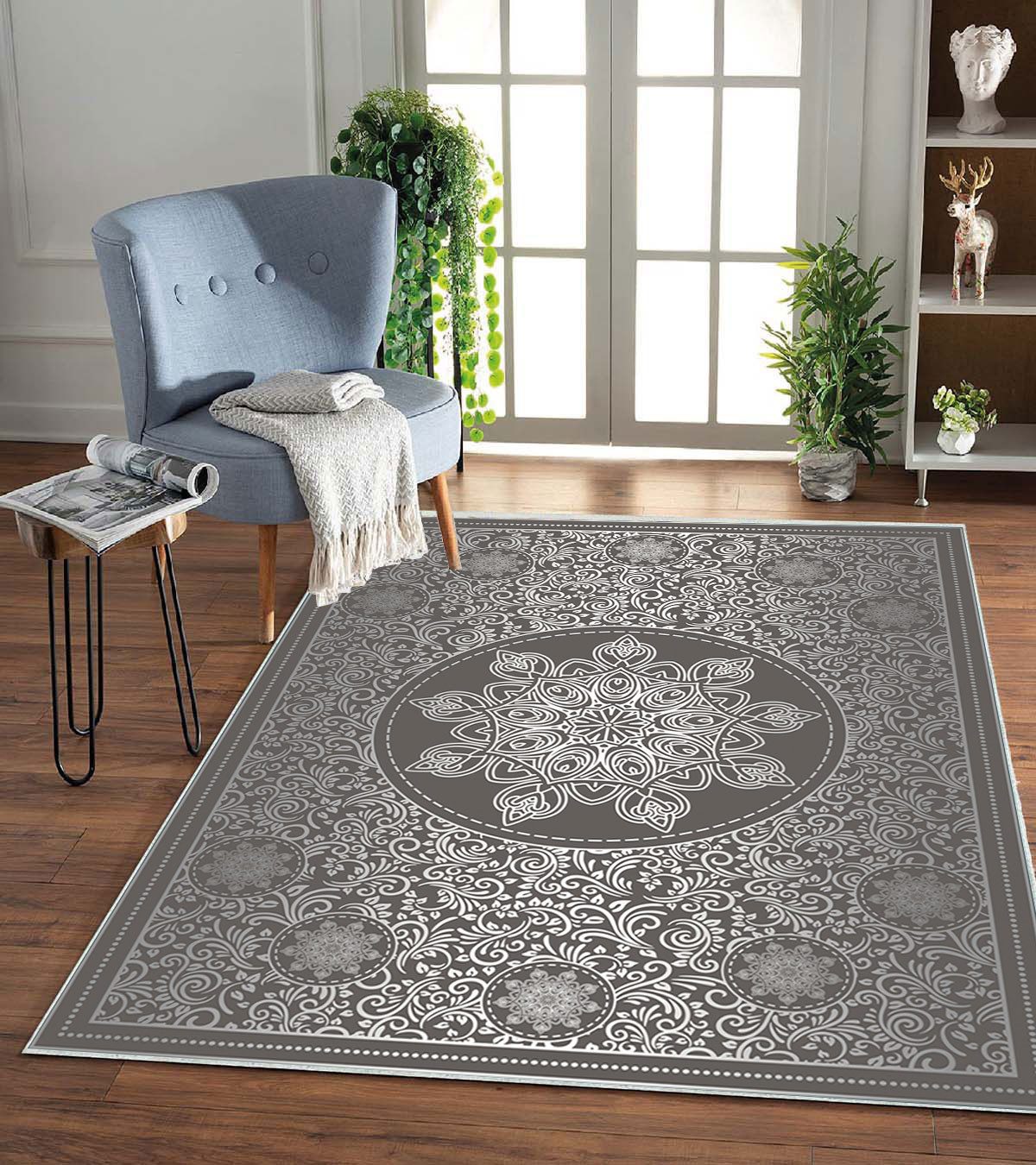 Jungengel Teppich Mandala Wohnzimmer Grau Waschbar Flach Teppichläufer Läuf günstig online kaufen