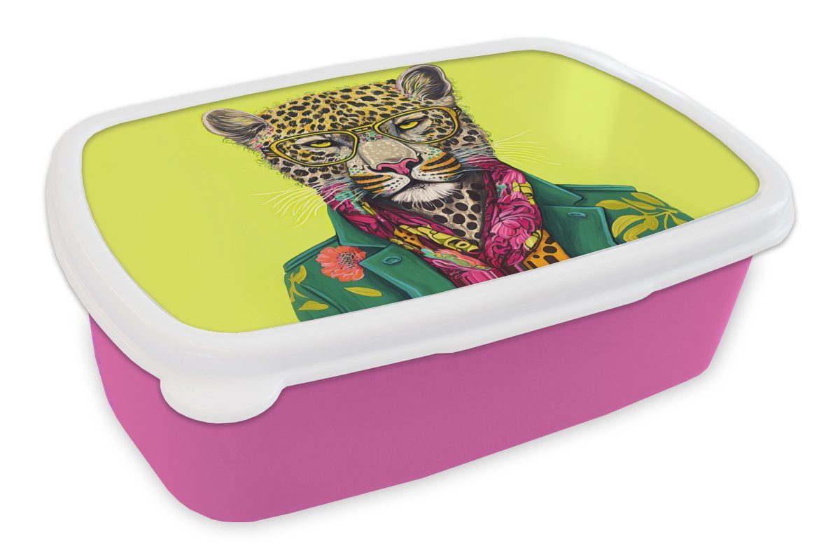 MuchoWow Lunchbox Panther - Tier - Brillen - Farben, Kunststoff, (2-tlg), Brotbox für Erwachsene, Brotdose Kinder, Snackbox, Mädchen, Kunststoff rosa