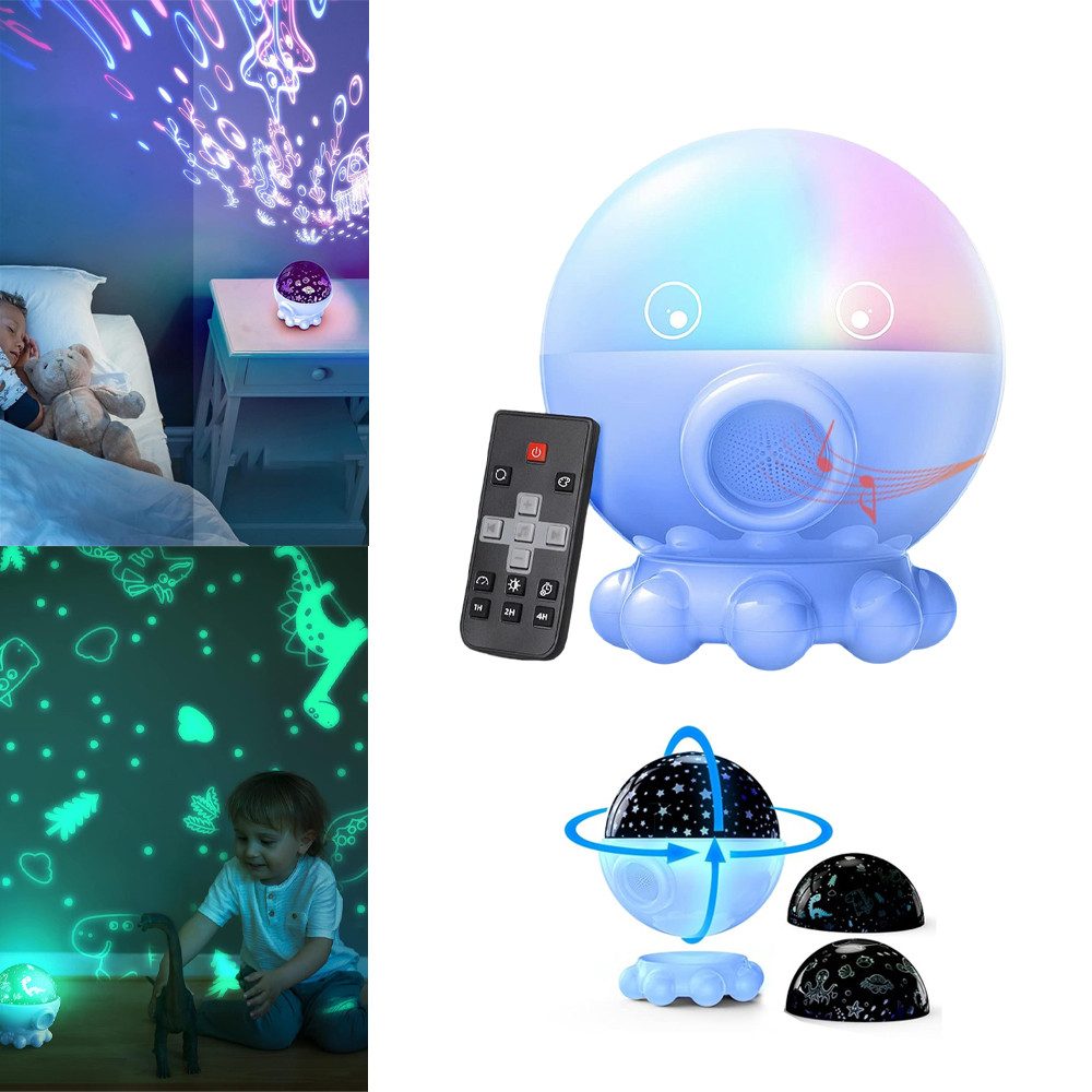PRIISF Nachtlicht Baby LED Nachtlicht Einschlafhilfe Projektor Sternenhimmel Nachtlampe, USB-Wiederaufladbar, Sternen, Mond, Meereswelt, Dinosauriern, Ozeane, Kinder Sternenlicht 360° drehbar Sternenprojektor mit 9 Schlafliedern, Projektorlicht m/ 3 Folien Nachttischlampe Schlafhilfe für Kinder Baby