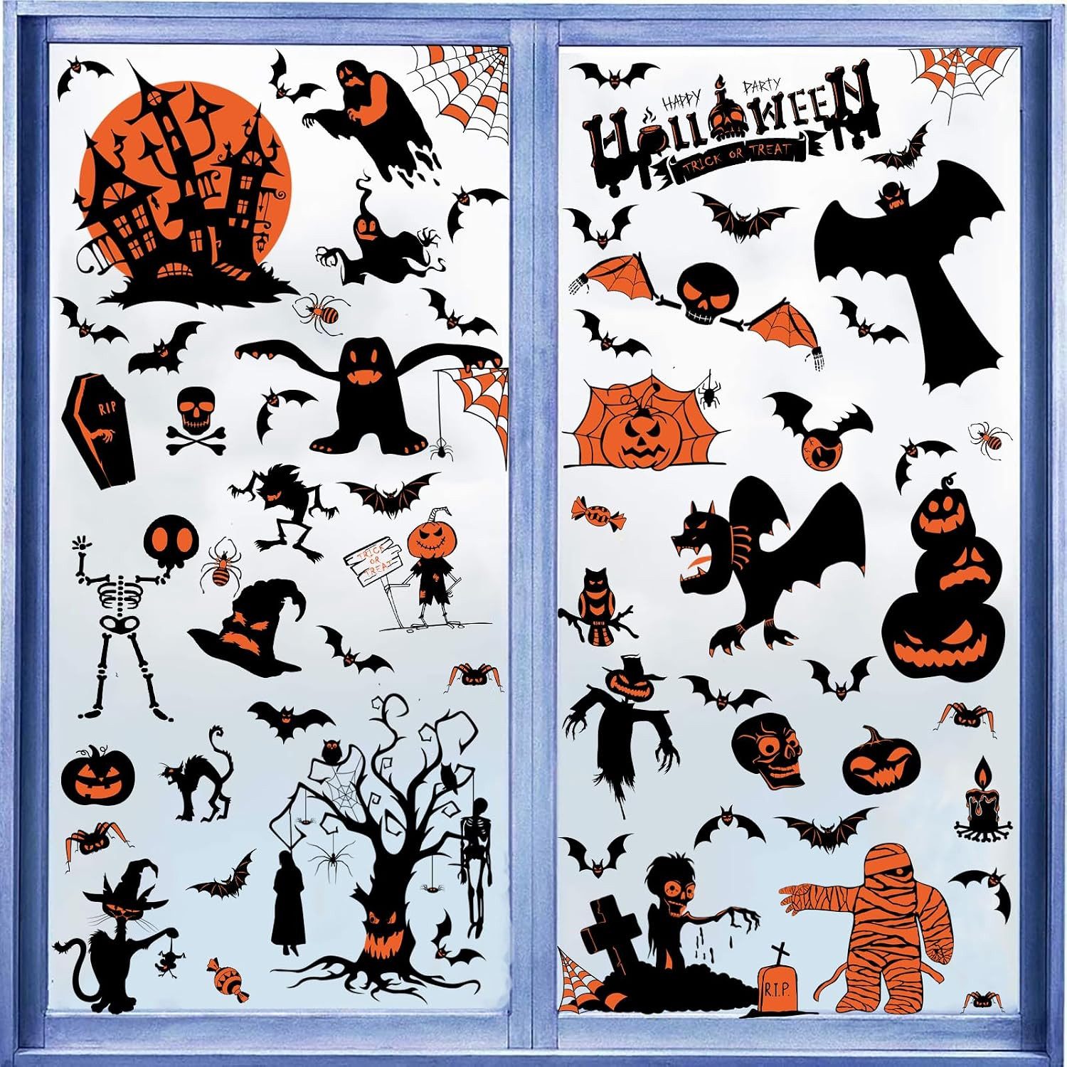 Sorvyzxn Fenstersticker Halloween Fenstersticker, 9 Bögen Abziehbilder für Fenster & Deko, Beidseitig & Rückstandsfrei Entfernbare Fensterdeko für Halloween