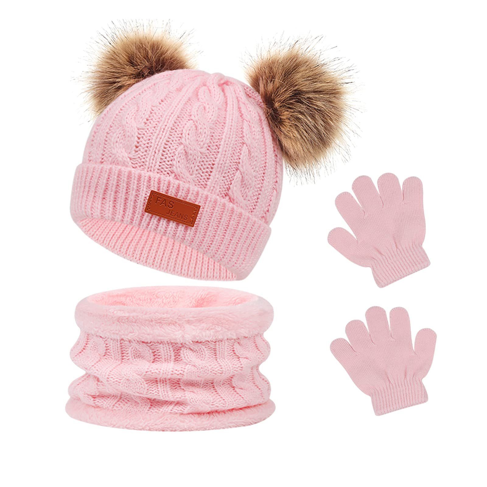 POCHUMIDUU Strickmütze Kinder-Wintermütze-Schal-Handschuh-Set (1-St., mit Fleece Futter und Fell Bobbl) für Kinder-Jungen-Mädchen 1-5 Jahre rosa