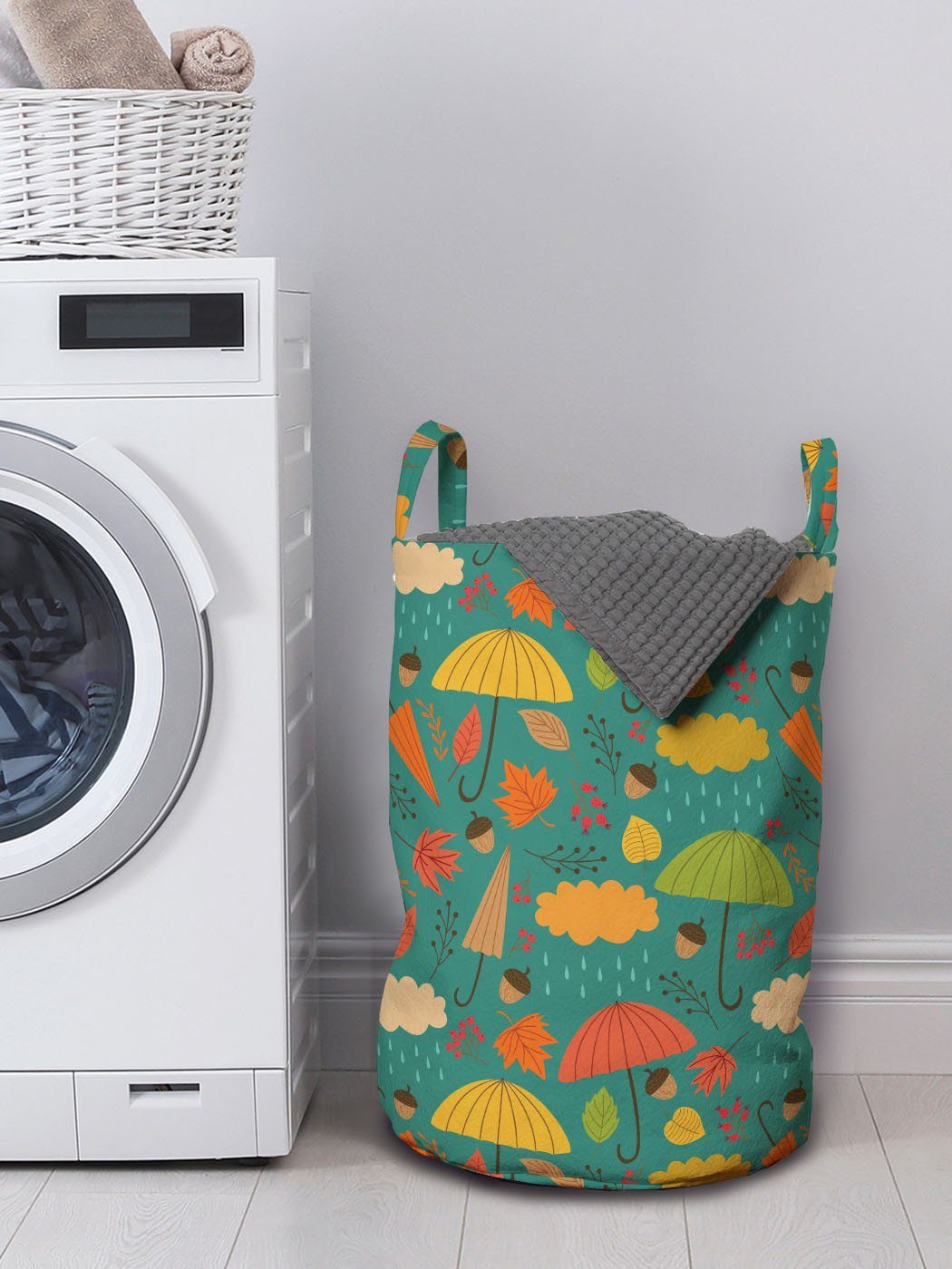 Abakuhaus Wäschesäckchen Wäschekorb für Kordelzugverschluss Griffen Herbst Eichel mit Waschsalons, Regen-Wolke Wetter