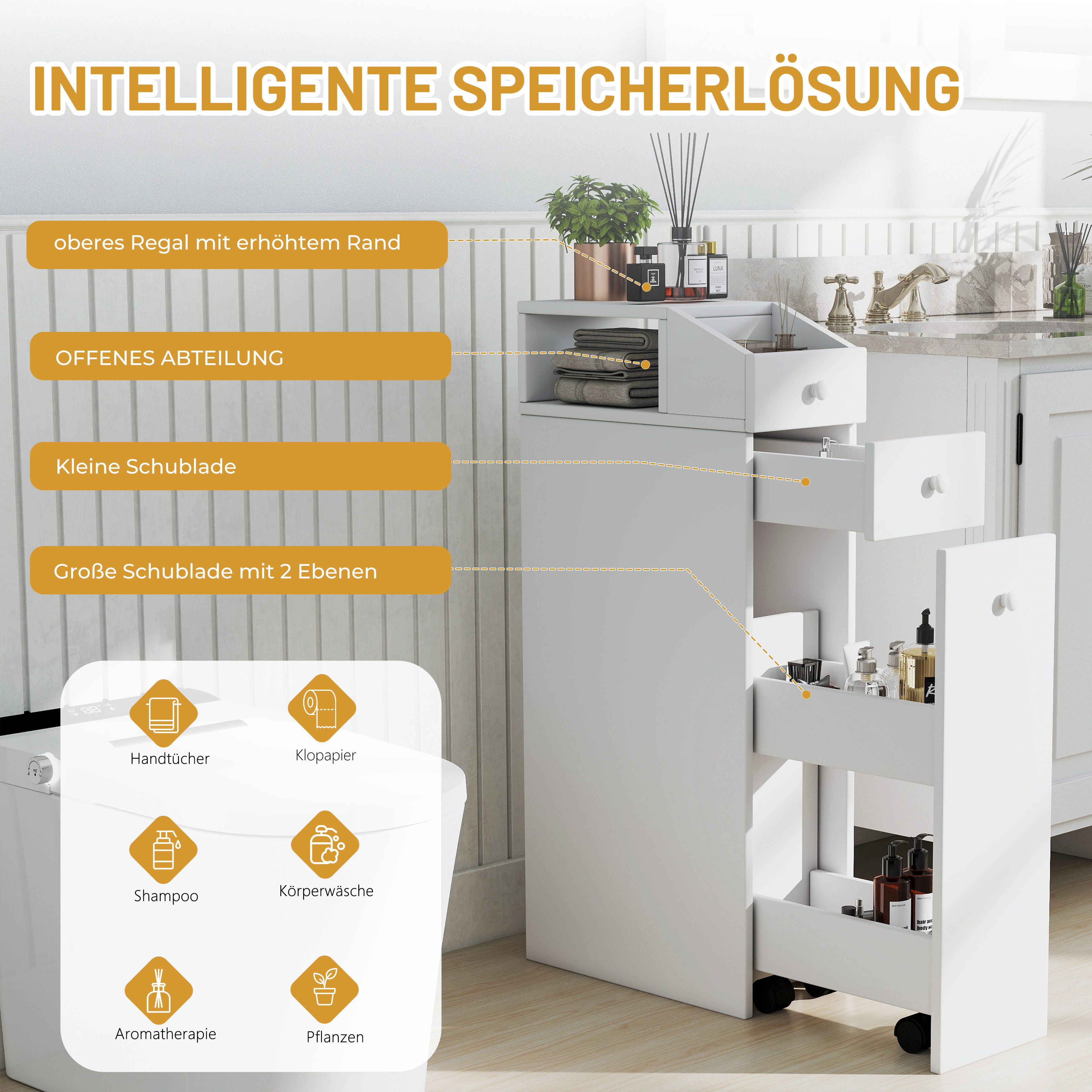oyajia Badkommode Badezimmerschrank mit Schublade auf Rollen (Toilettenschrank mit Schubladen)