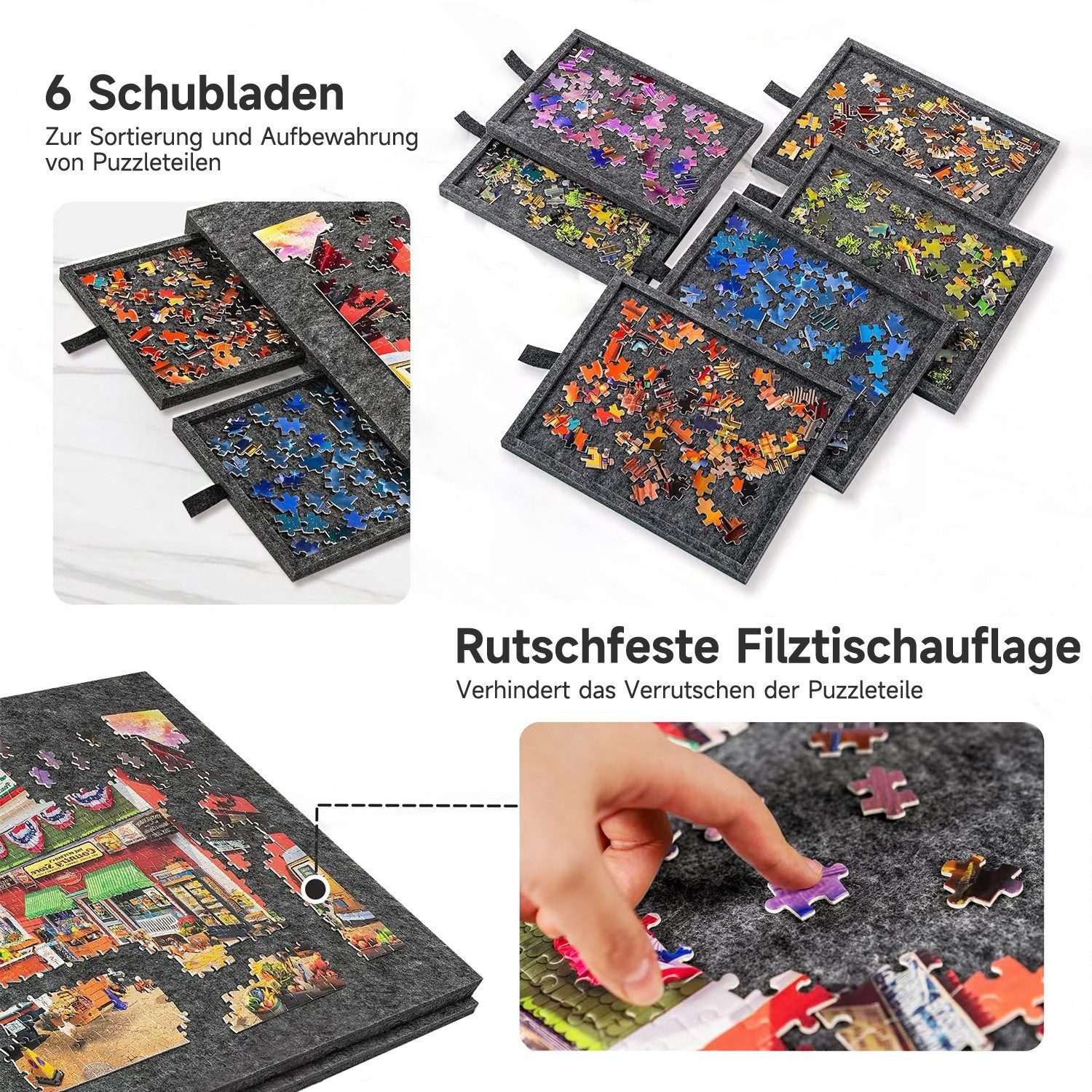 OSTWOLKE Puzzleunterlage Neigbares Puzzlebrett aus Filz mit 6 Schubladen 1000/ 2000Teil, 2-in-1 Puzzle-Aufbewahrungsbrett mit Ständer & Abdeckung – Bild 4 von 5