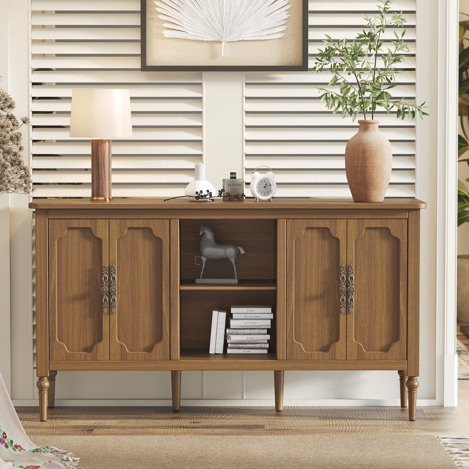 HOLTICO Sideboard Buffet Schrank mit 4 Türen und offenem Regal, Vintage Akzent Kommode (1 St), TV-Schrank, Küchenschrank, Kredenz, und Weinschrank