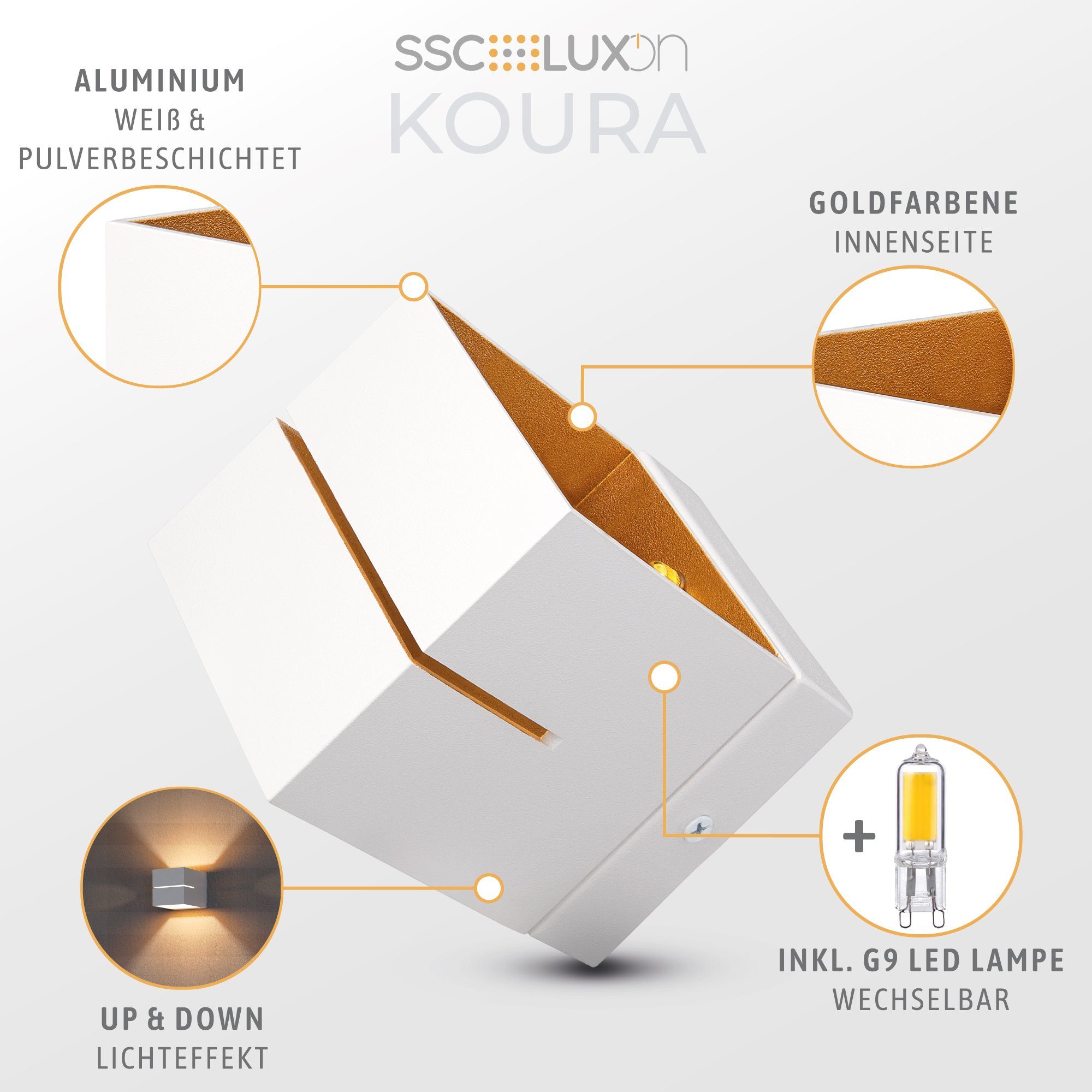 Warmweiß Wandlampe Up KOURA Wandleuchte SSC-LUXon 2W, mit weiß G9 LED Lichtspalt gold LED Down