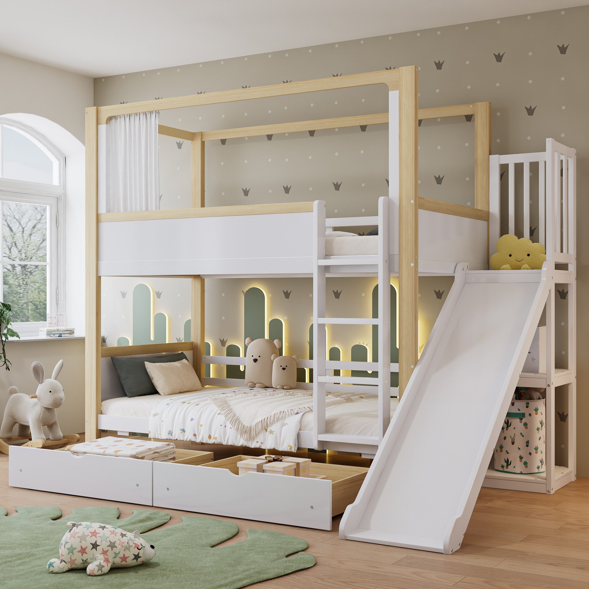 Flieks Etagenbett, Kinderbett 90x200cm mit Stoffvorhang, günstig online kaufen