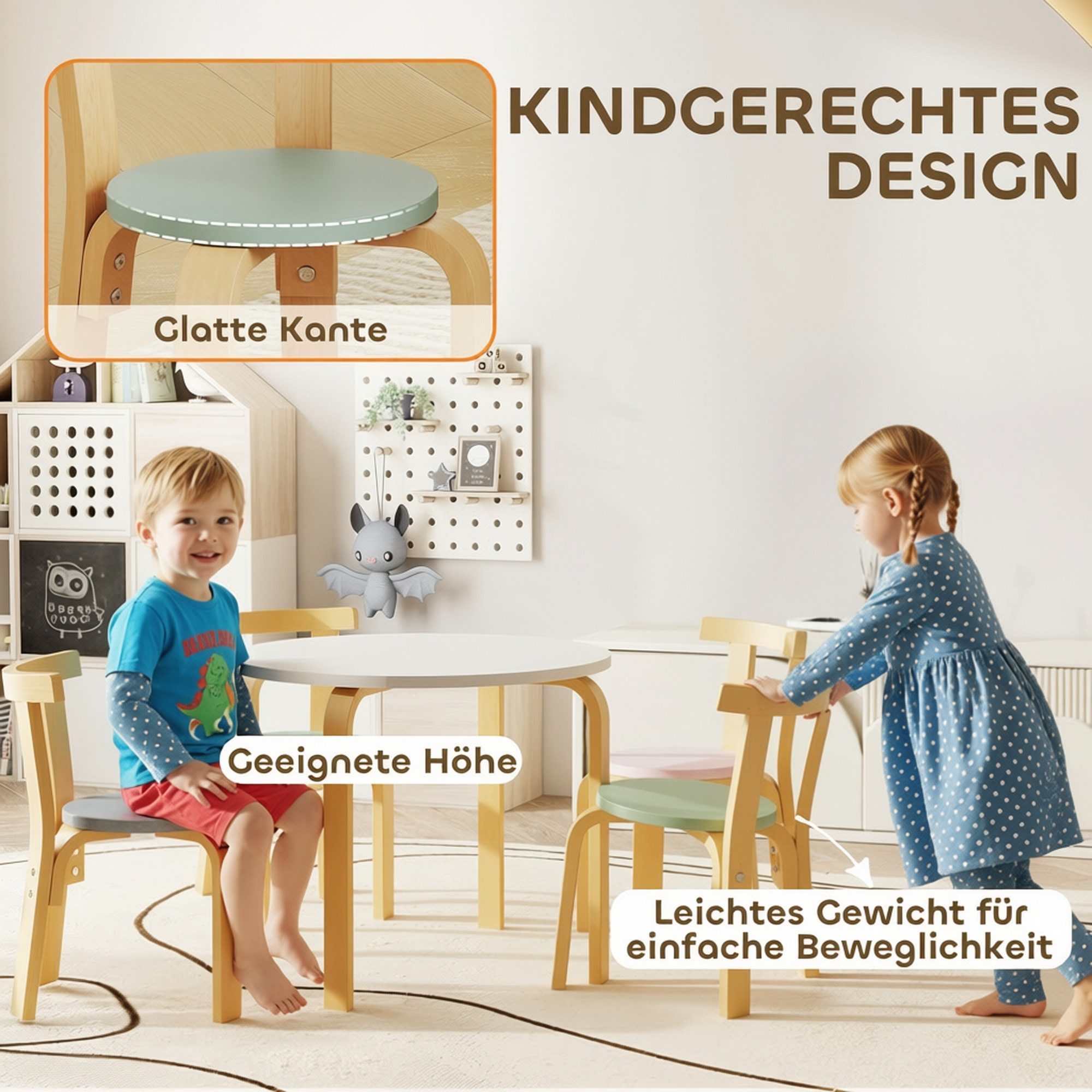 AIYAPLAY Kindersitzgruppe Kindertisch mit 4 Stühlen Sitzgruppe für Kinderzimmer, Holz, (Kindermöbel, 5-tlg., 5-teiliges Set mit Tisch und Stühlen), für Kinder v – Bild 5 von 5