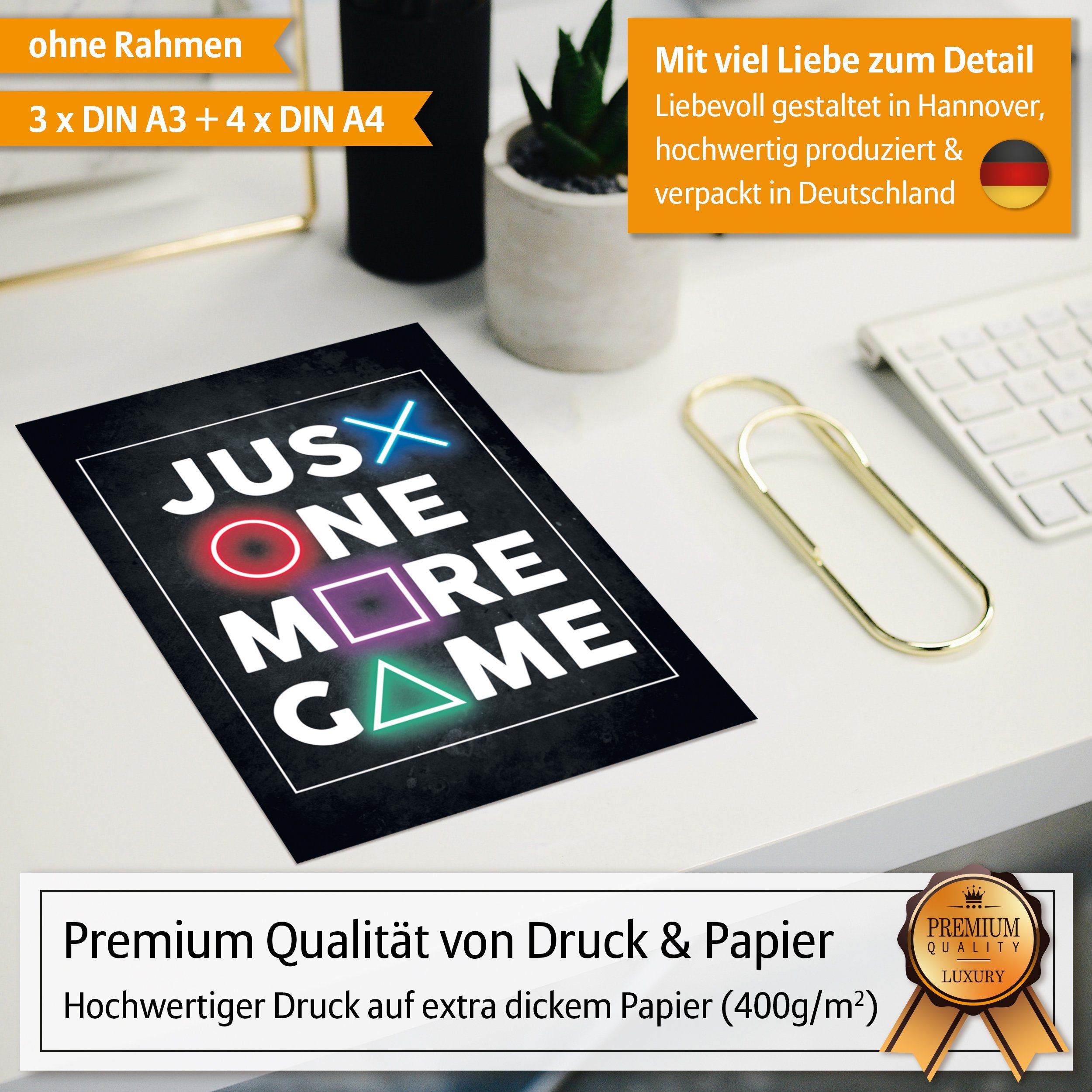 Hyggelig Home Poster Gaming Zone - Premium Poster Set OHNE & MIT Rahmen - 7 Wandbilder, Gaming (Set, 7 St), Collage Level up, Qualitätsdruck dickes Papier