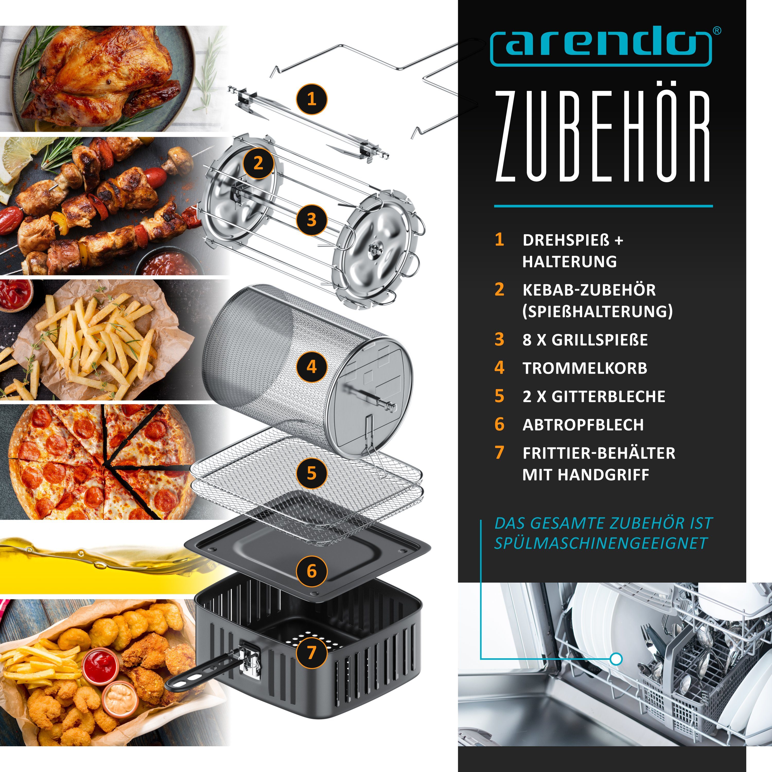 Arendo Heißluftfritteuse Airfryer 12L mit Zubehör, 4in1 Edelstahl Heissluftfritteuse XXL, 1800 W, Mini Backofen, Grill, Dörrautomat, Fritteuse ohne Öl, Umluft D – Bild 3 von 5