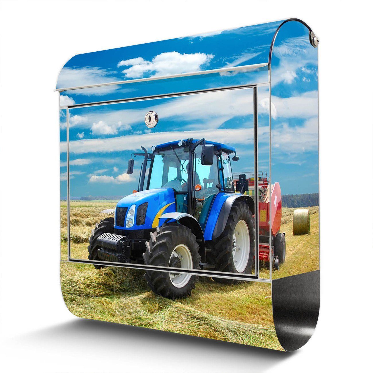banjado Wandbriefkasten Edelstahl Traktor (Wandbriefkasten groß, mit Zeitungsfach), 38 x 42,5 x12cm