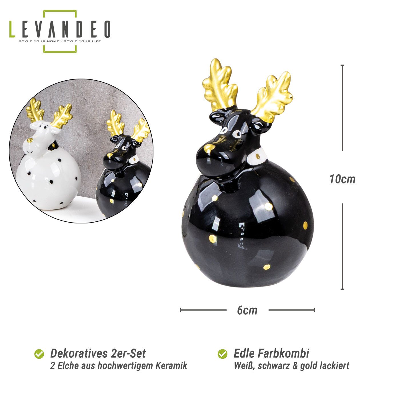 Levandeo® Dekoobjekt, 2er Set Deko Elche Schwarz Weiß Gold Keramik Dekofigu günstig online kaufen