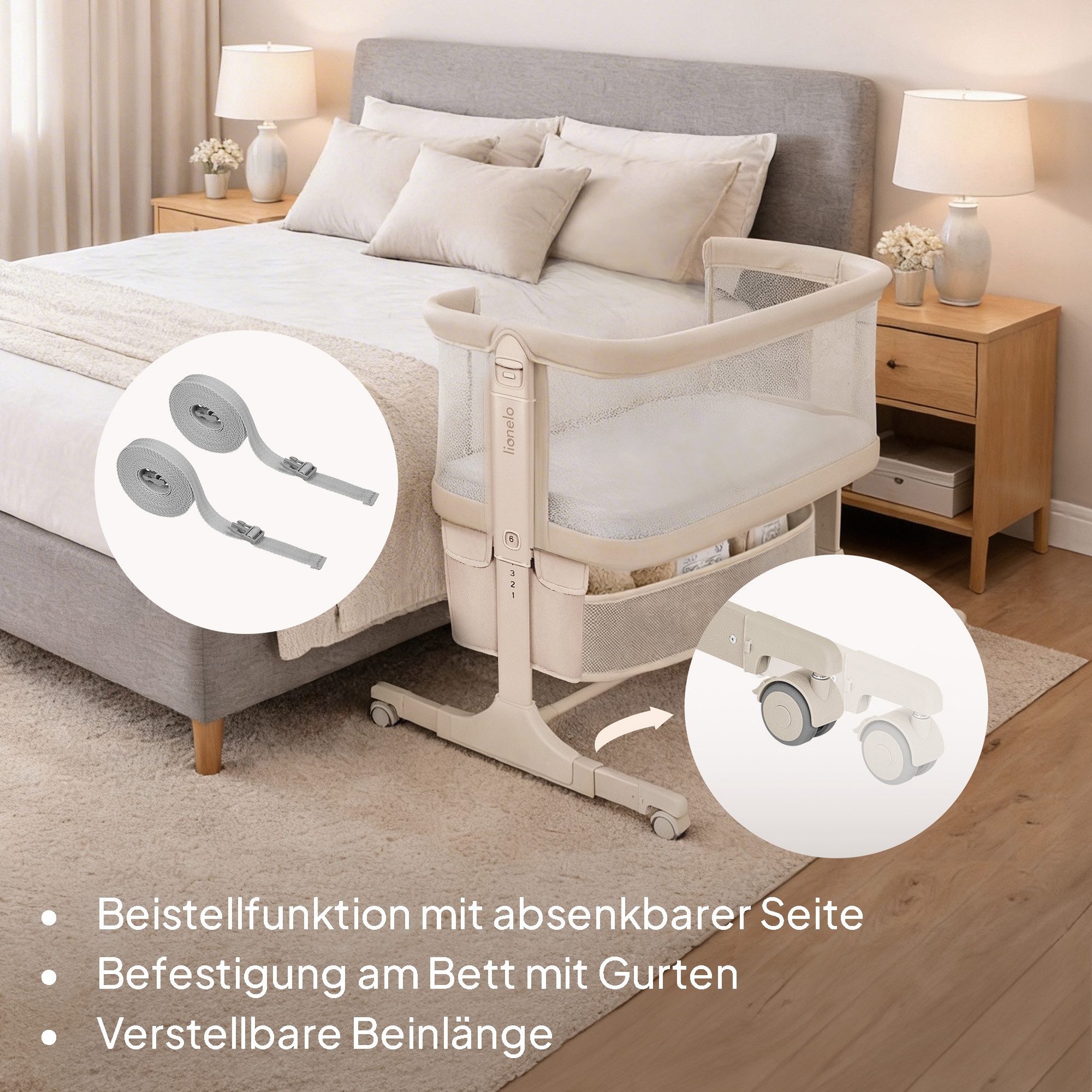 lionelo Baby-Reisebett JODIE, 3in1 Beistell/freistehend/Wiege/6 Stufen/Netzseiten/4 Rollen – Bild 4 von 5