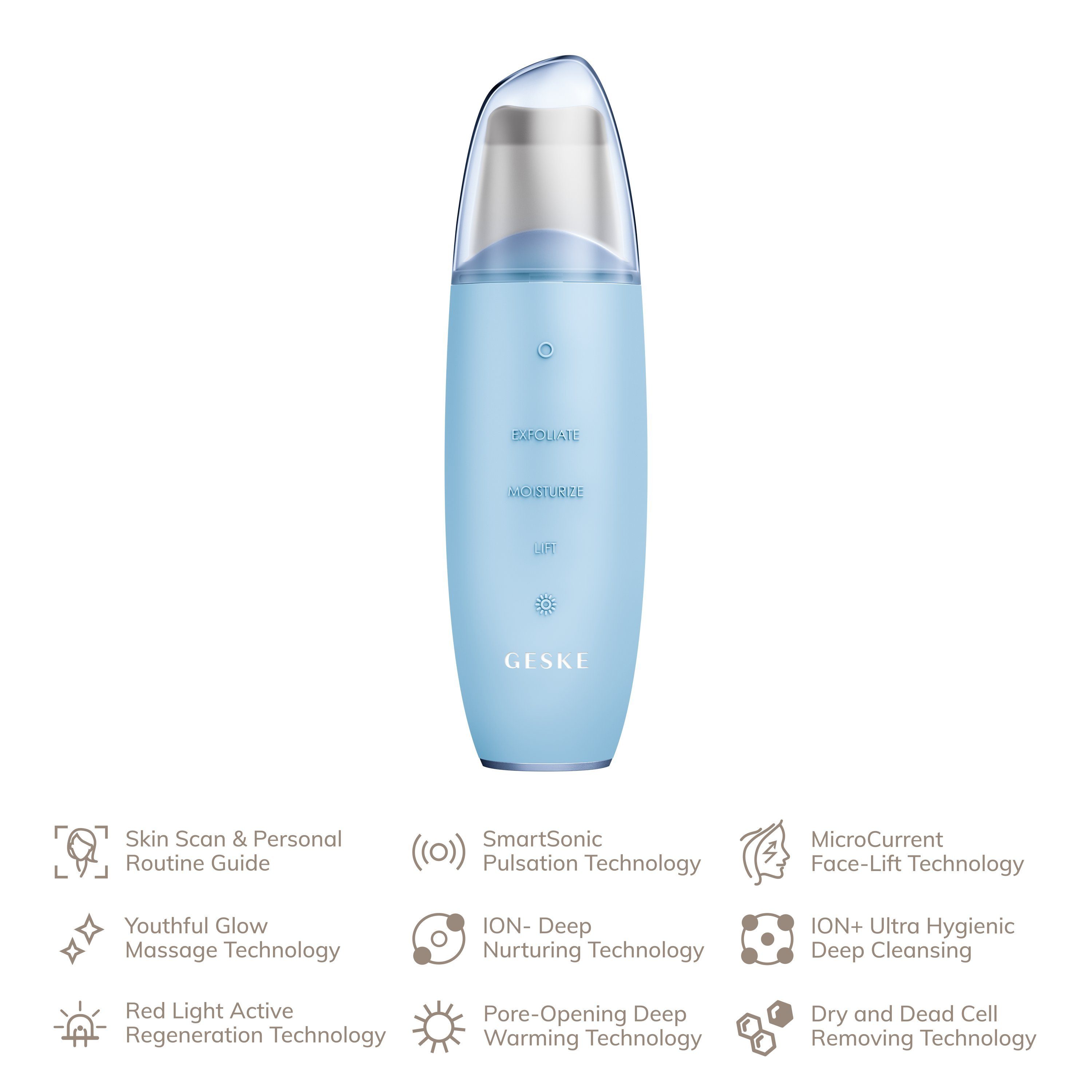 GESKE GERMAN BEAUTY TECH Mitesserentferner SmartAppGuided™ MicroCurrent Skin Scrubber & Blackhead Remover 9 in 1 Packung (Gerät & USB-Ladekabel), 2-tlg., Gerät inkl. kostenloser APP (SmartAppGuided Device), Mit der GESKE App