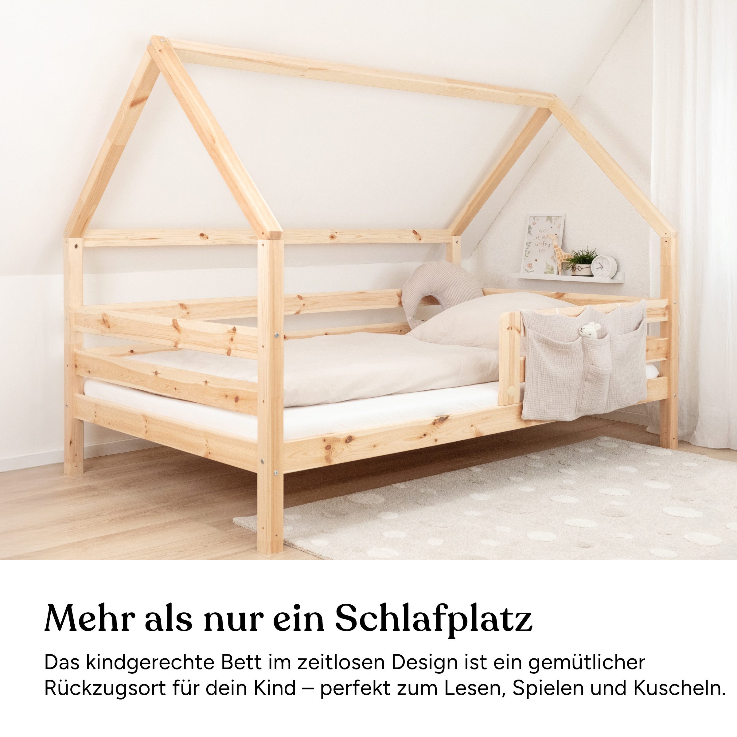 Ehrenkind Hausbett Sona aus FSC®-zertifiziertem Kiefernholz, höhenverstellbar (90x200 cm, inkl. Rollrost und abnehmbarem Rausfallschutz), 2-in-1 Bett – bodentief oder in Standardhöhe aufbaubar