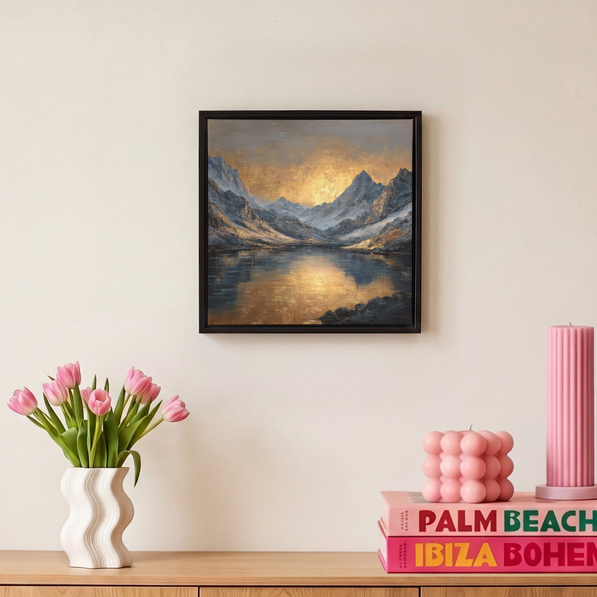 OneMillionCanvasses® Leinwandbild mit Rahmen - Bergkulisse mit goldenem Sonnenuntergang, Fotodruck (1 St), Leinwand Bilder Klein, Wand Dekoration Aesthetic 20x2 – Bild 4 von 5