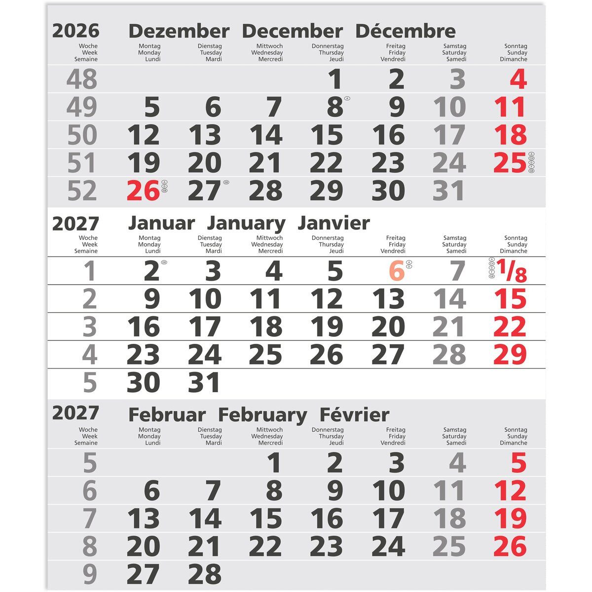 GÜSS Kalender Wandkalender Ersatzkalender für 3-Monatskalender 30x35cm 2027