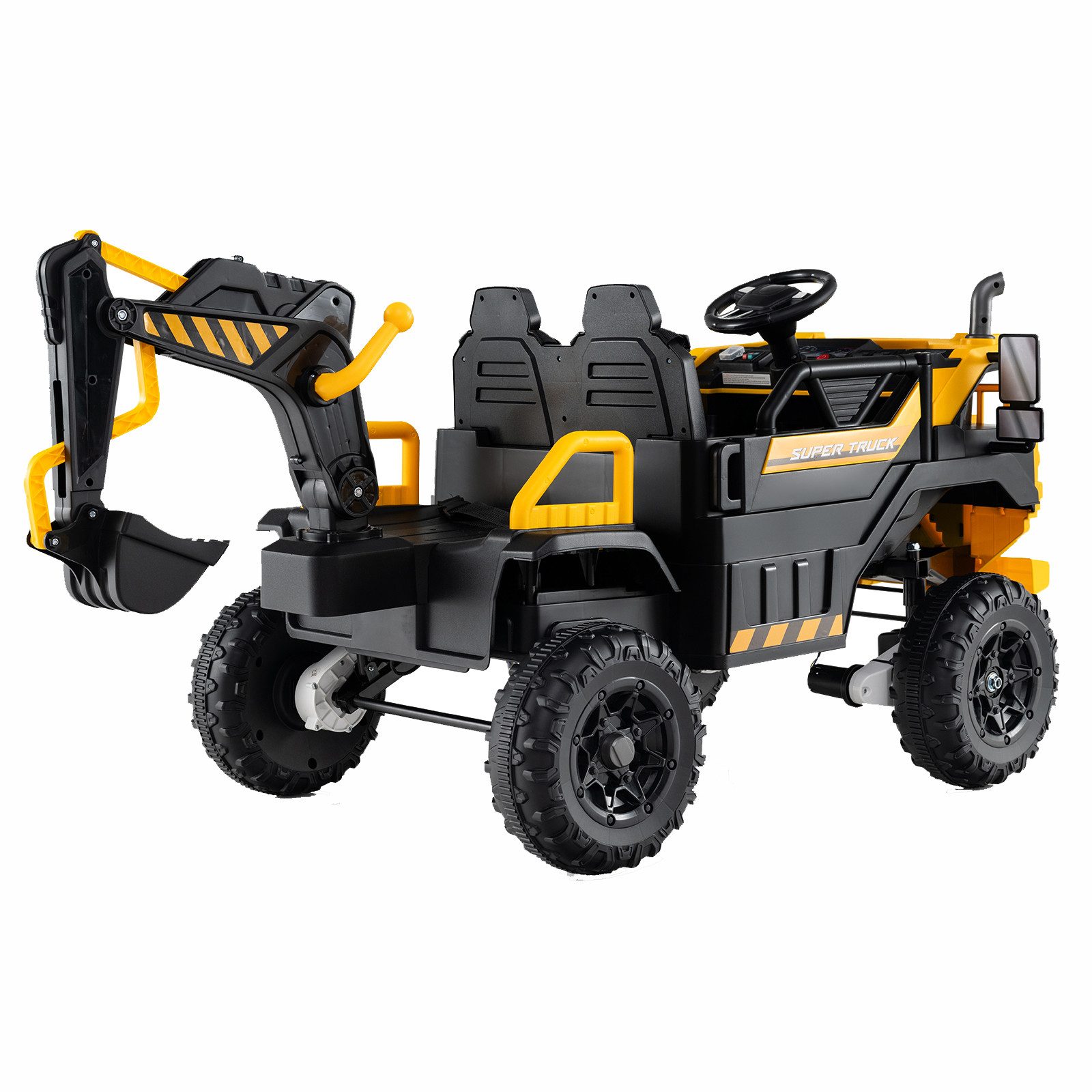 KOMFOTTEU Elektro-Kindertraktor, Belastbarkeit 25 kg, Kinderfahrzeug mit 3 Sitzen, Schaufel, Musik & LED-Lichtern