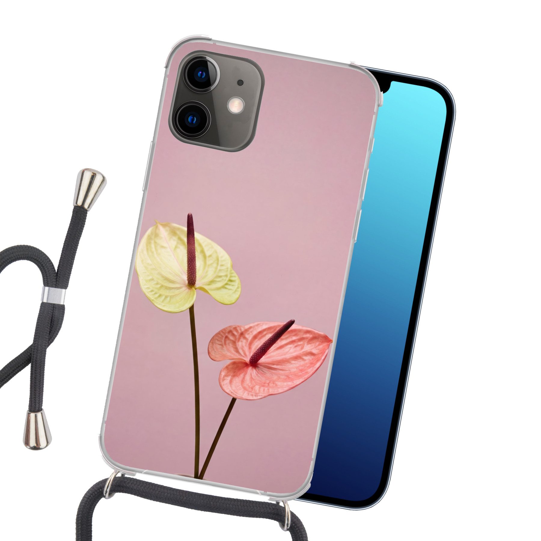 MuchoWow Handyhülle für Apple iPhone 11 Blumen - Anthurien - Gelb - Rosa, Tragbare Handyhüllen mit Kette zum umhängen, Handykette Handyband